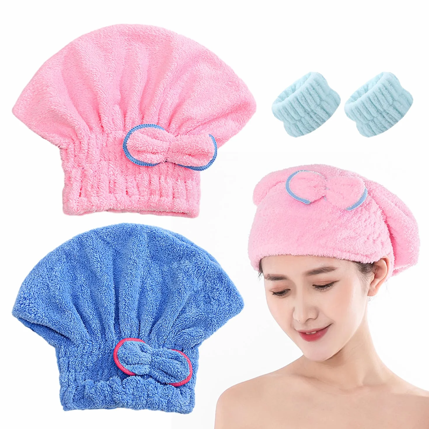 MEMOFYND Toallas para el Cabello de Microfibra, Gorro para el Cabello Seco, Muñequeras para Lavado de Cara (Azul, Rosa)