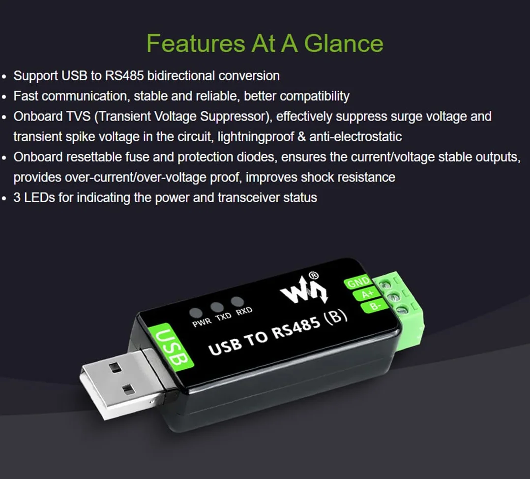 Waveshare Industrial USB to RS485 Bidirectional Converter CH343G SP485EEN ESD TVS Protection Mac Linux Android WinCE Win11/10/8.1/8/7/XP