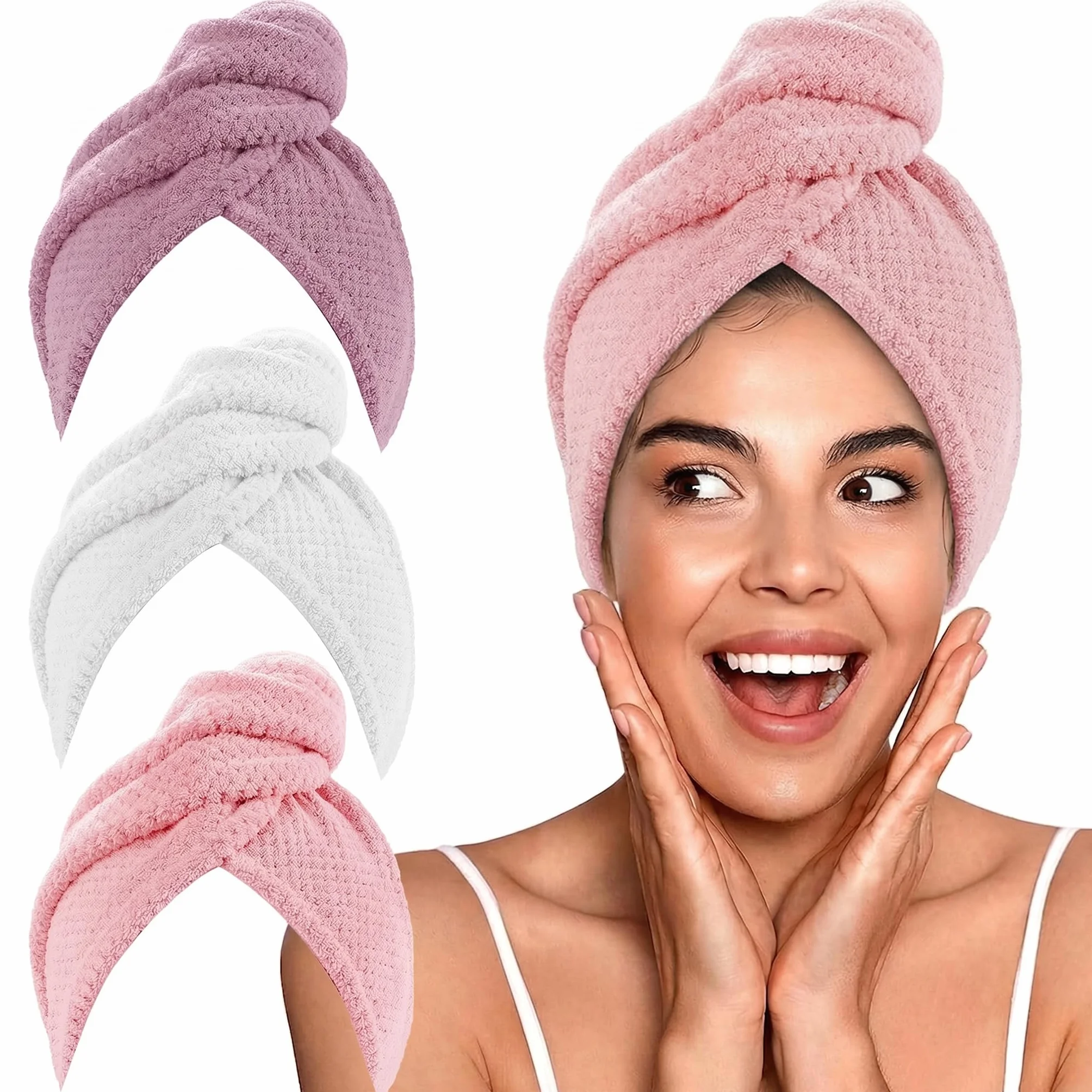KU Toalla Microfibra Pelo 3 Unidades - Turbante con Botón, Ultra Absorbente Suave, para Pelo Largo Rizado