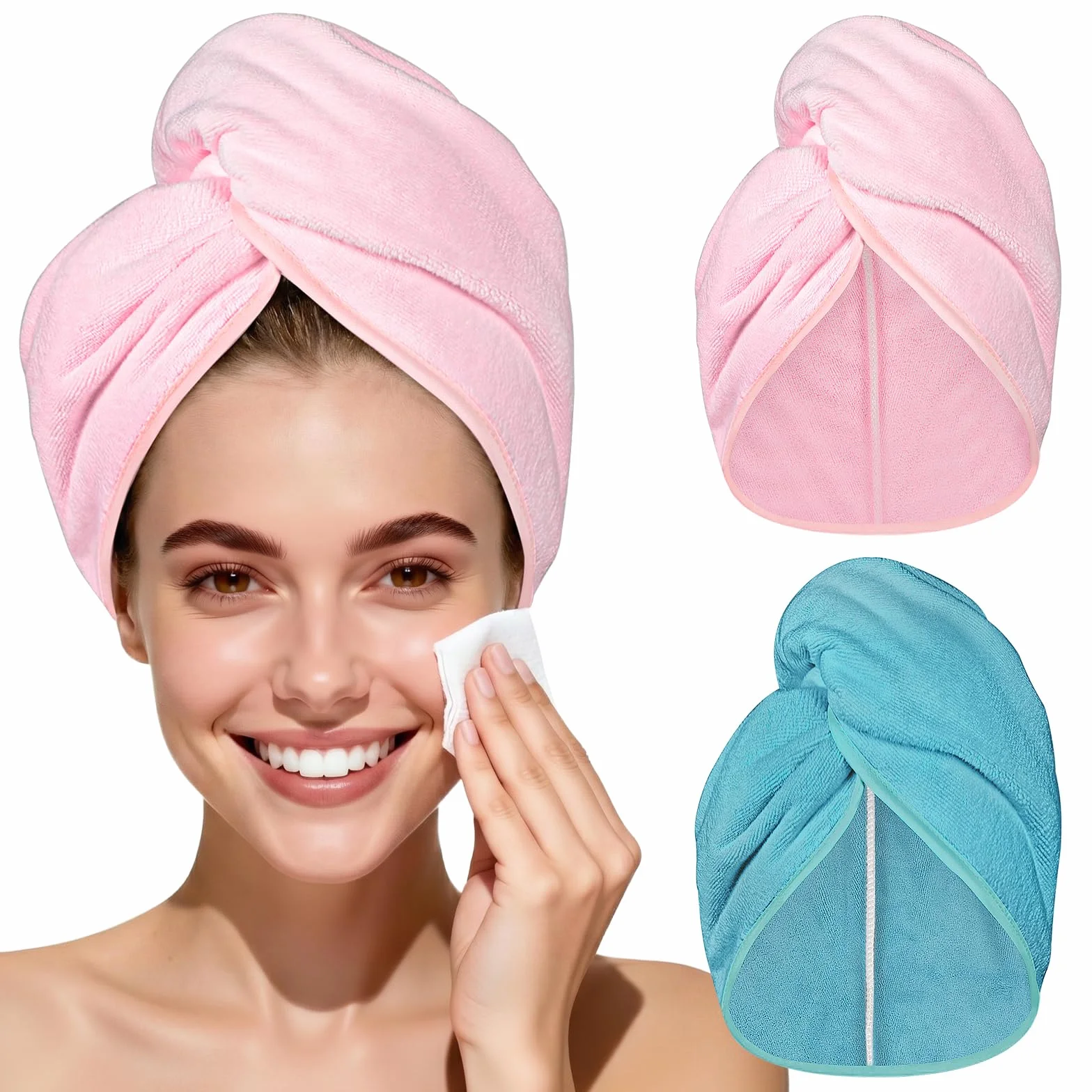 HOTUT Toalla Turbante para el Pelo Microfibra 2PCS Secado Rápido con Botón Anti-Encrespado Antideslizante Suave Cómodo Verde Rosa