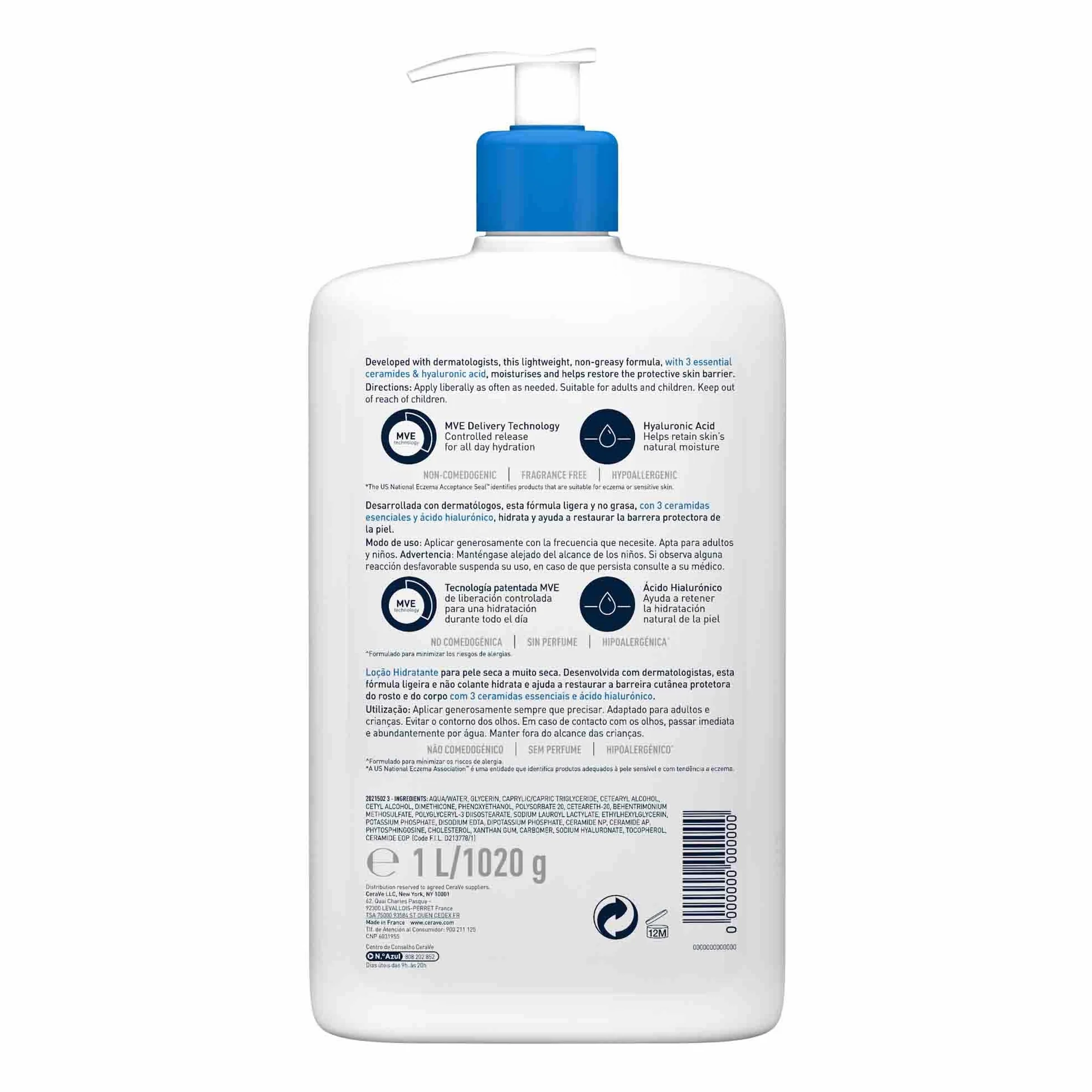 CeraVe Loción Hidratante, Piel Seca a muy Seca, Hidrata y Restaura la Barrera Protectora de la Piel, Enriquecida Con Ceramidas Esenciales y Ácido Hialurónico, Fórmula Ligera, Apta para Rostro y Cuerpo