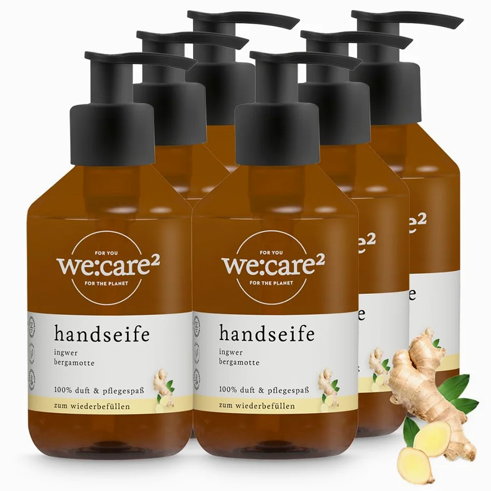 we:care² 6 x jabón de manos 250 ml jengibre/bergamota - Jabón líquido sostenible y vegano sin siliconas, parabenos y microplásticos - Jabón líquido - Dispensador de jabón de manos - Lavado a mano