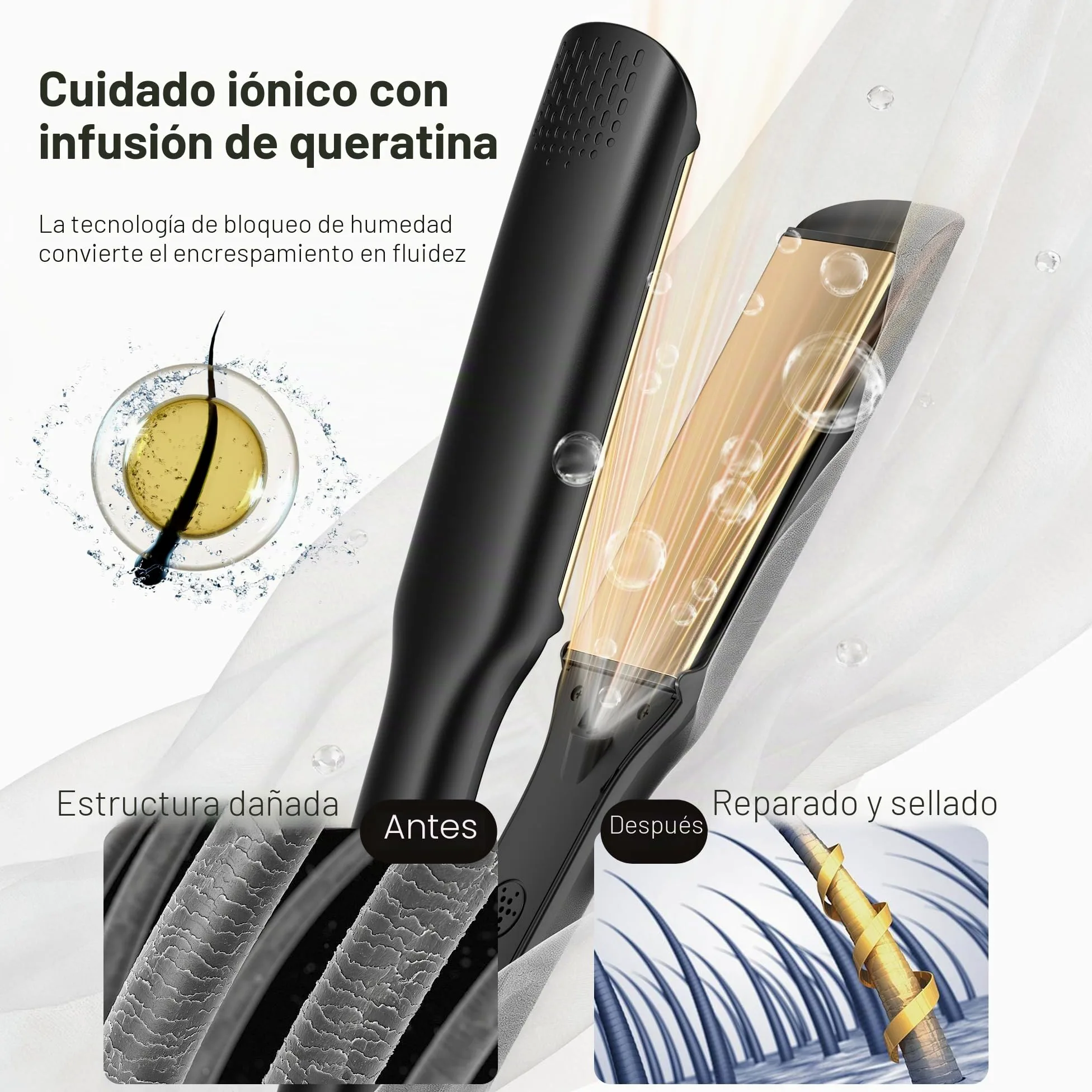BarberBoss Alisador, placas flotantes de cerámica, tratamiento iónico y queratina para cabello liso y sin encrespamiento, plancha profesional a temperatura ajustable (QR-8422, Negro)
