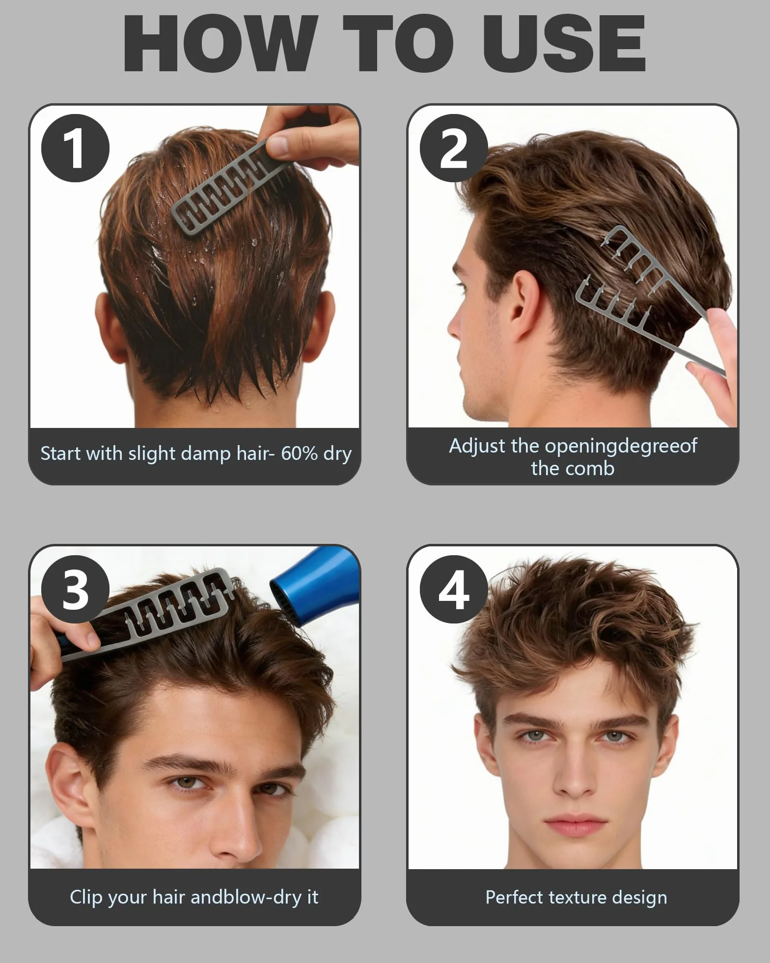Peine Texturizador Hombre 1 Pieza, Dientes Anchos para Volumen de Raíces, Cabello Rizado - Gris