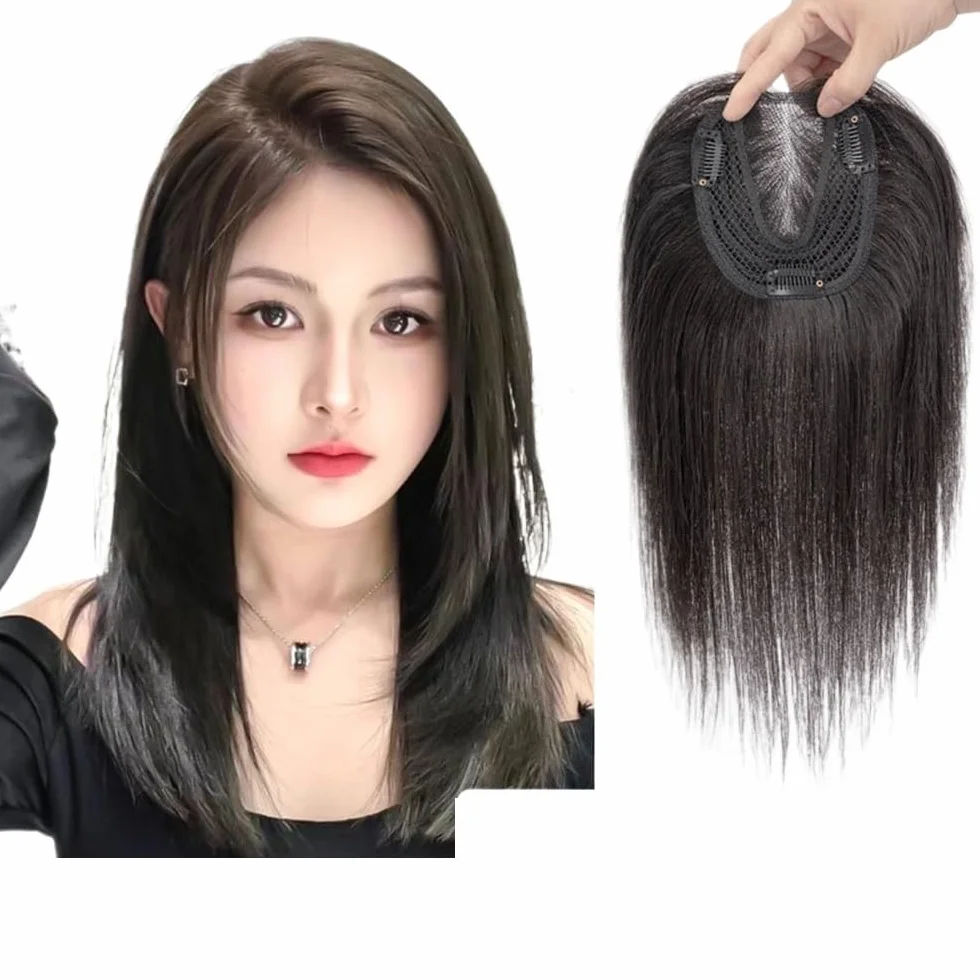 Topper para cabello humano para mujer, 12 pulgadas, 38 g, base corta de encaje atado a mano, peluca invisible de 10 x 12 cm extensiones de pelo (negro natural no bangs)