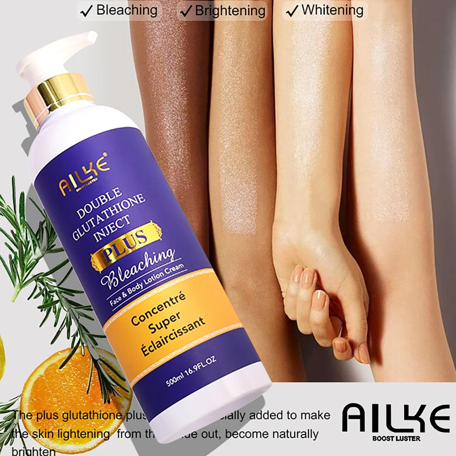 AILKE Double Glutathione Plus Loción corporal blanqueadora, blanquea, reduce las manchas oscuras y las manchas, hidratante profunda, crema corporal suave y limpia para la piel, 500 ml (3 botellas)