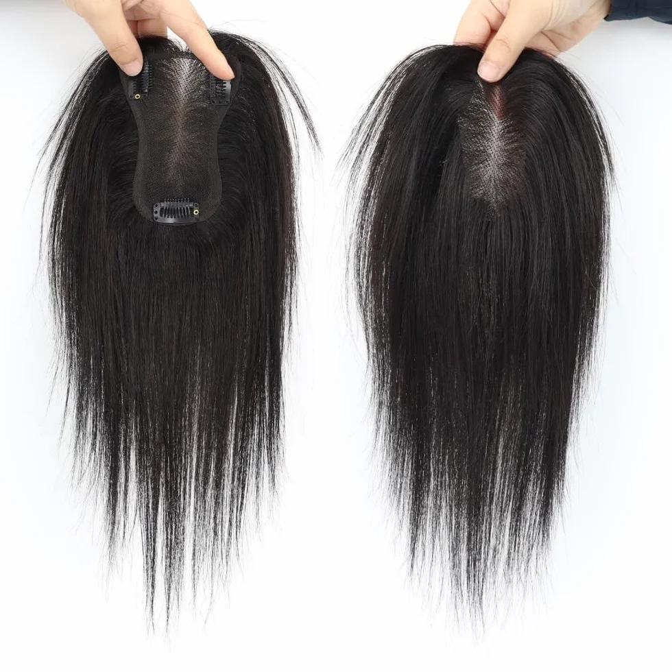 Topper para cabello humano 8x11 cm Base de encaje suizo Posticci atado a mano transpirable ajustable con raya para mujeres con cabello delgado Extensiones de pelo (marrón oscuro)