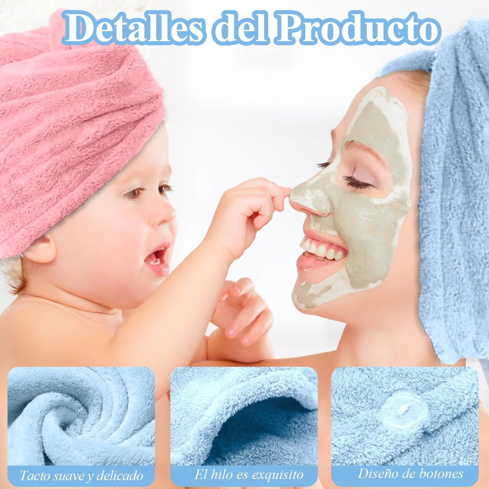 KASURE Toalla Microfibra Pelo 3 Piezas Gris Azul Rosa Gorras Botones Secado Rapido Anti Frizz