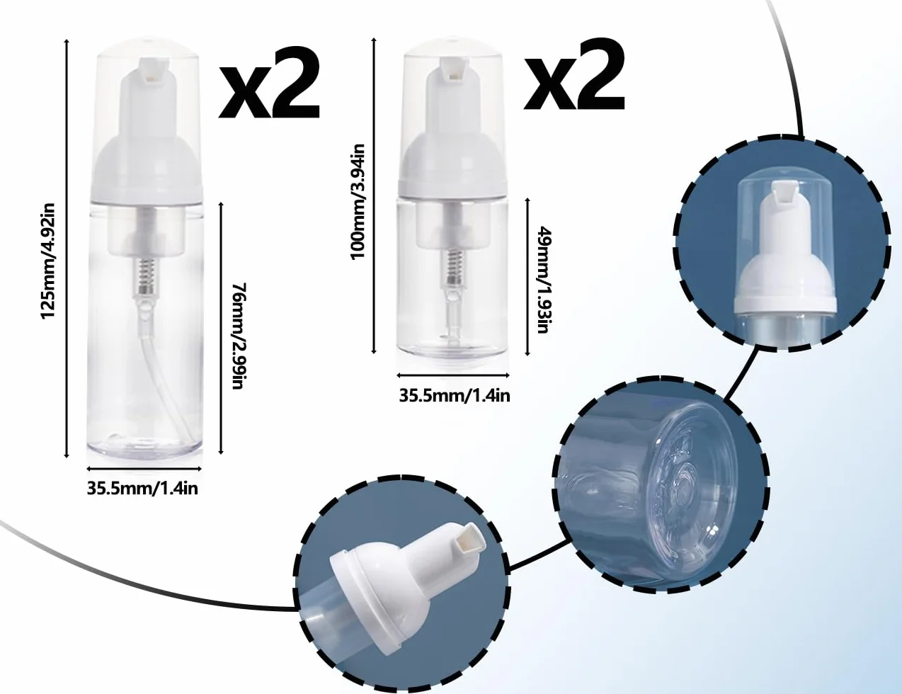 KAPSING Paquete de 4 botellas vacías transparentes de tamaño de viaje, dispensador sin aire de plástico vacío, botella con bomba de espuma de 50 ml * 2 y botella dispensadora de viaje de 30 ml * 2