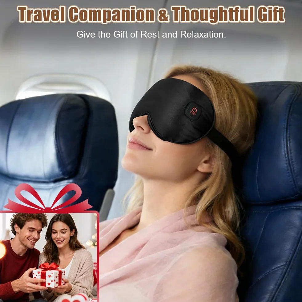 Antifaz para Dormir Calentado con Batería 1000mAh USB Control de Temperatura para Migraña y Sueño Negro