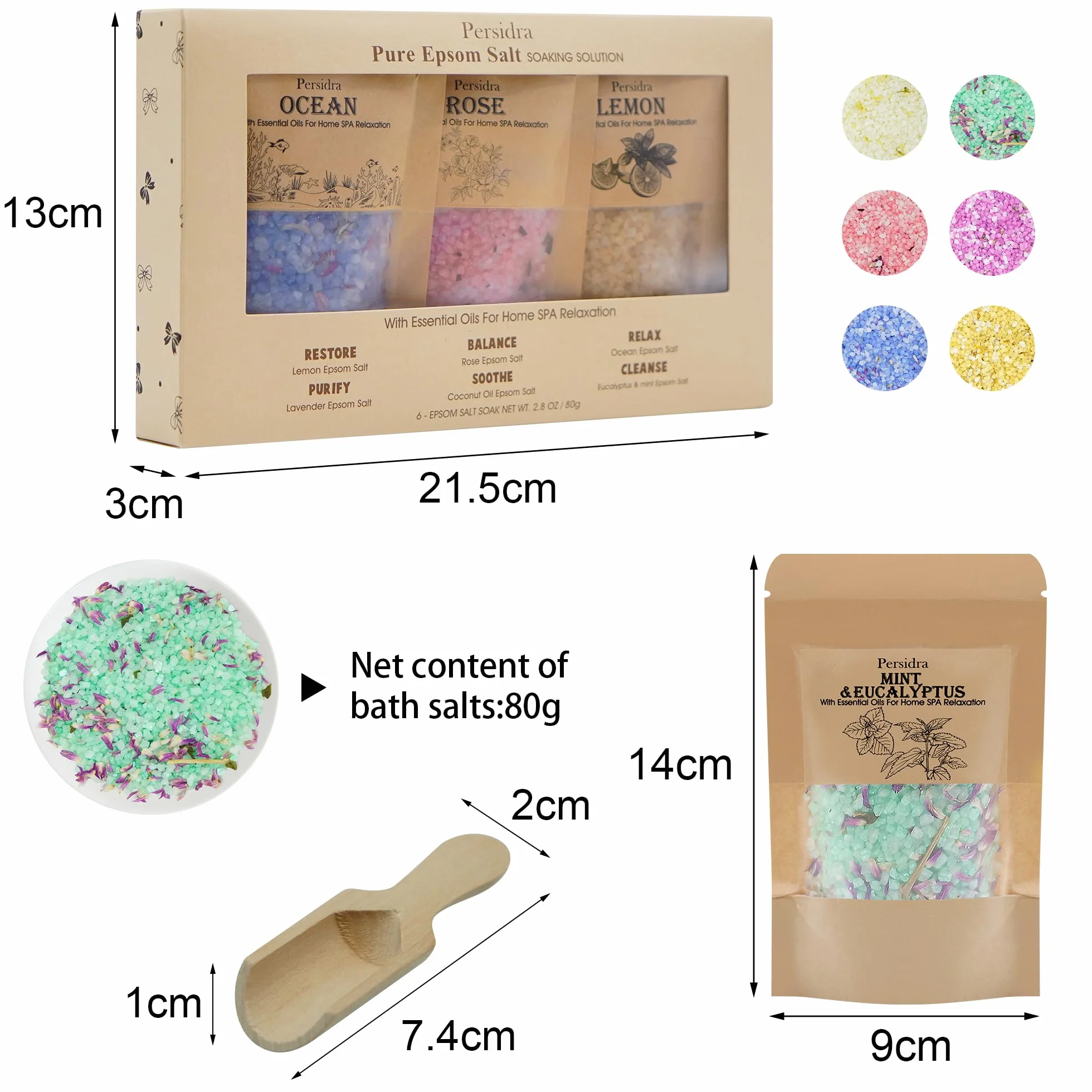 Juego de regalo de sal de baño, juego de spa de aromaterapia relajante para mujeres, 80 g, regalos de autocuidado para mamá, regalos de cumpleaños para el día de la madre, con sal marina Nat