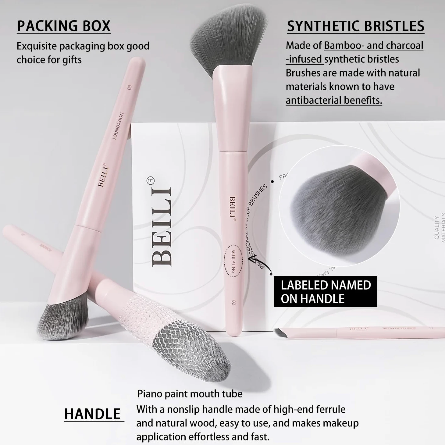 BEILI Juego de 12 brochas de maquillaje profesionales rosas densas para base, polvo, contorno y mezcla de ojos, kit completo de brochas cosméticas de cara completa con elegante almacenamiento