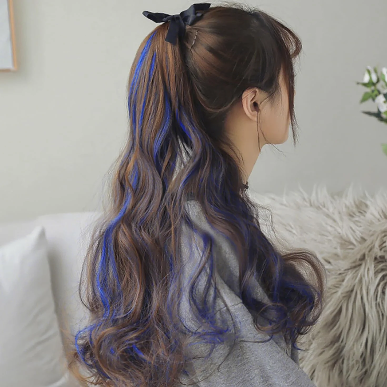 Extensiones de Clip de Pelo 22 Pulgadas 10 Piezas Azul para Mujeres Cosplay