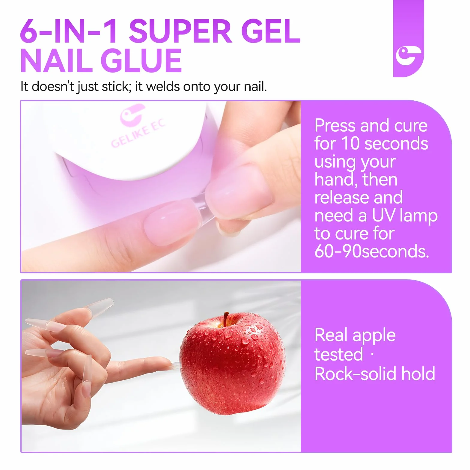Gelike Pegamento Uñas Postizas Super Fuerte 6 en 1 Acrilicas Claro Tips Uñas A Presión Necesita Curar UV Lámpara 8ml