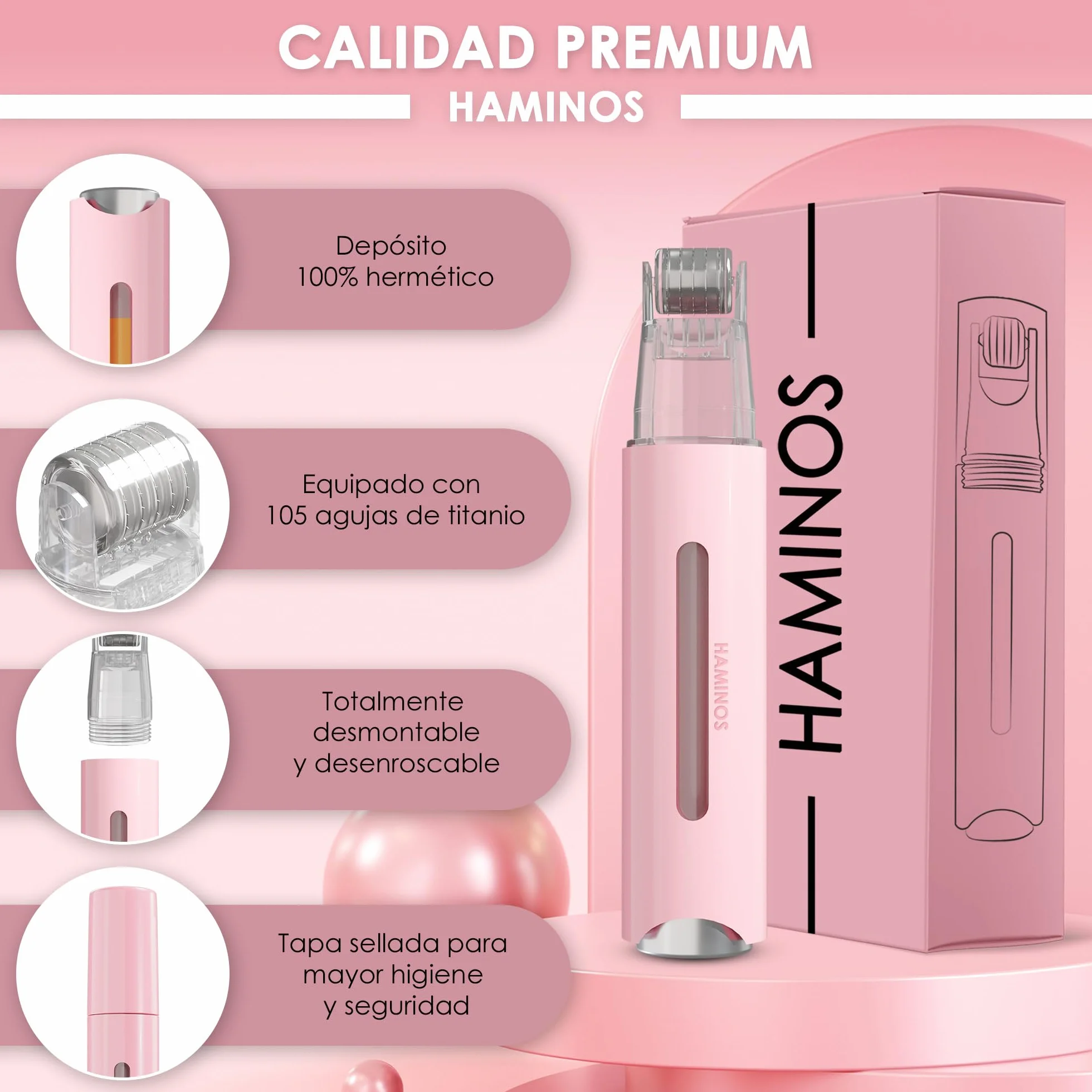 HAMINOS Derma Roller 0,25 mm 2.0 con Depósito para Labios, Piel, Cabello, 105 Agujas de Titanio