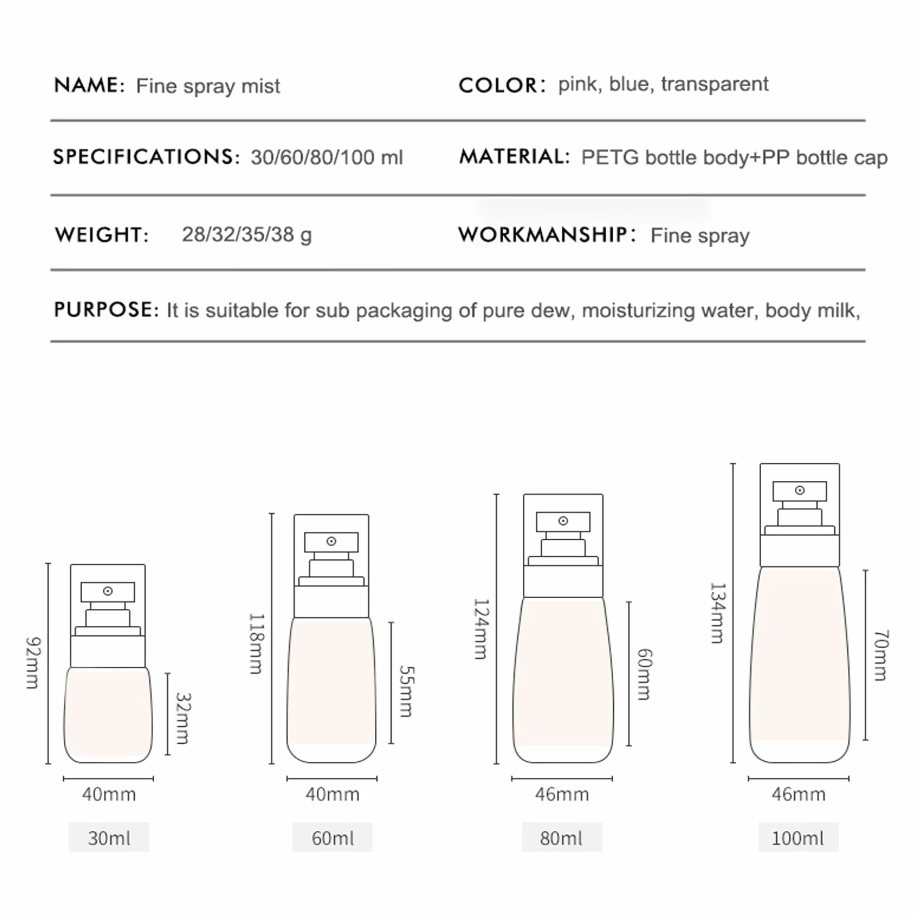 Spray pequeñas botellas de vapor reutilizables a prueba de fugas tamaño viaje TSA 60ml 3 unidades