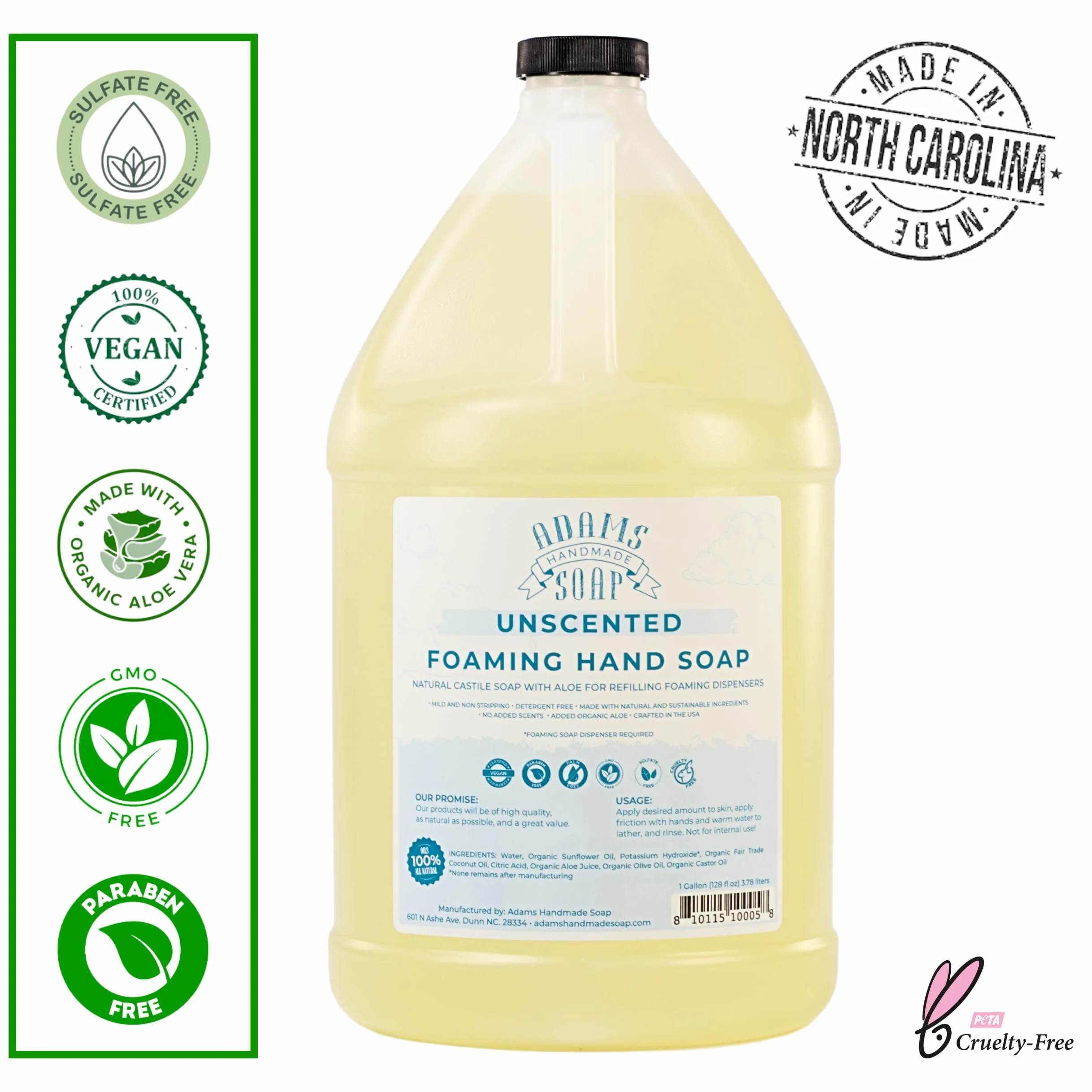 Adams Handmade Soap Jabón líquido, jabón espumoso, Castilla fina, recarga de 3,8 l, sin perfume