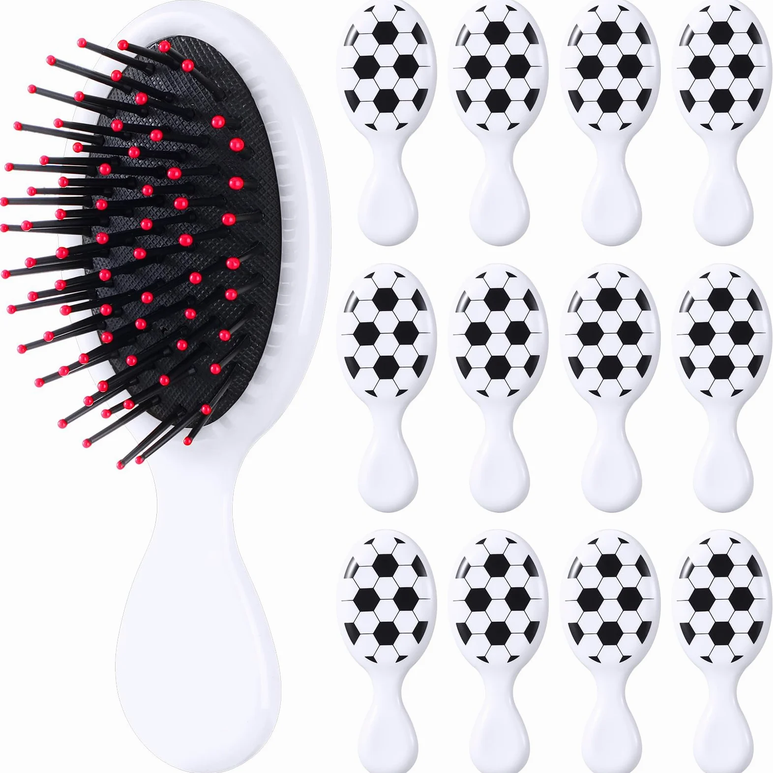 SiliFine 12 mini cepillos de pelo de viaje para deportes de fútbol, mini cepillo desenredante de fútbol, cepillo de pelo pequeño, cerdas de fútbol, cepillo desenredante de plástico para regalo de