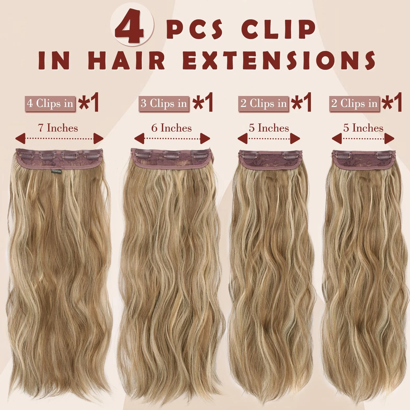 FESHFEN Extensiones de Cabello 60 cm Ondulado Rizado Natural Sintética Clip Marrón Claro Oro Mixto 4 Piezas