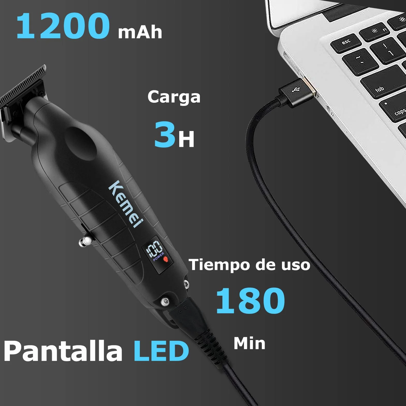 KEMEI 2293 Maquina de Cortar Pelo Profesional, Cortadora Inalámbrica Recargable con 3 Peines Guía, Negro