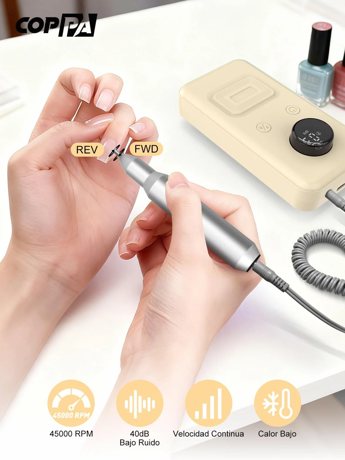 COPPA Torno para Uñas Profesional, NDK106 Lima Eléctrica Uñas con 12 Brocas 31 Bandas, 45000 RPM Velocidad Ajustable Nail Drill Kit para Pulido y Eliminación de gel de Uñas Acrílicas, Salón & Casa