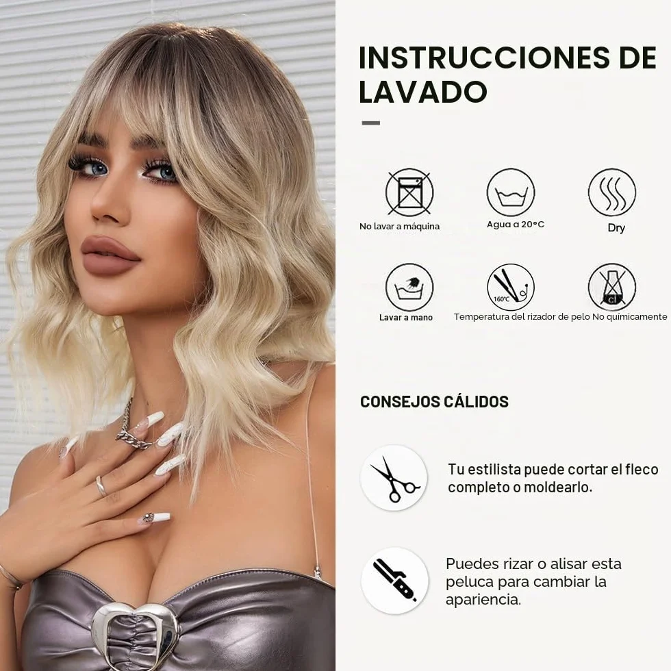 Pelucas Rubias Ombre para Mujer Peluca Corta Ondulada con Flequillo de Pelo Sintético Resistente al Calor