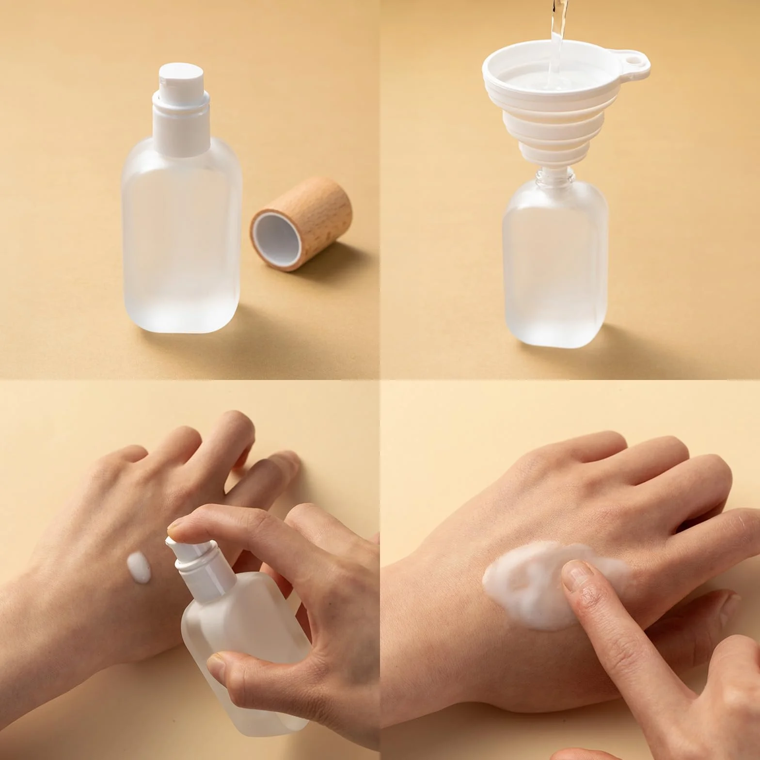 4 Piezas 30ml Bote Airless, Dispensador de Bomba de Vidrio, Botella Vacía de Viaje Con Tapa de Madera Para Crema Cosmética, Con Embudo