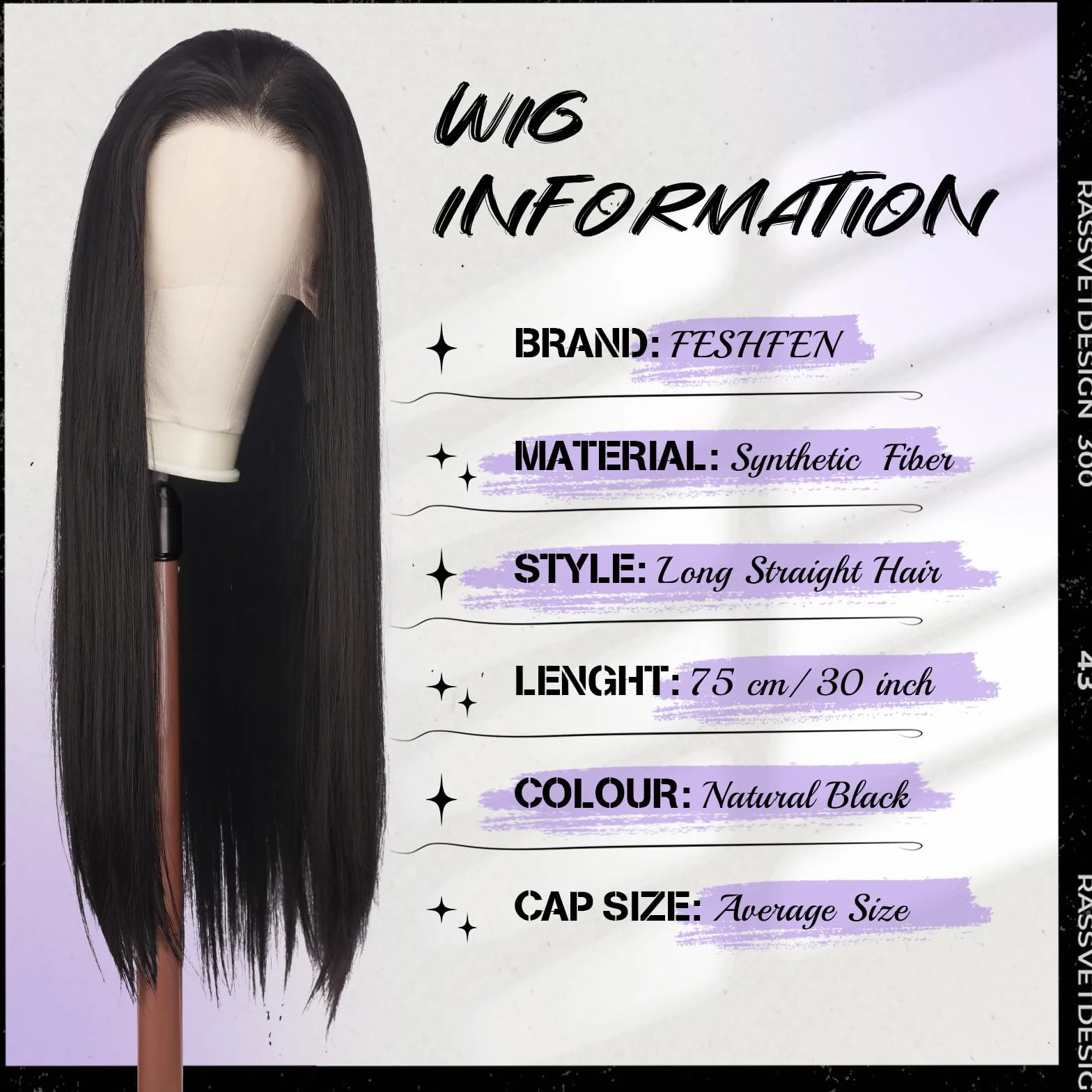 FESHFEN Lace Front Peluca Pelo Largo Liso 13x4 Sintético Resistente al Calor 75 cm Negro Natural