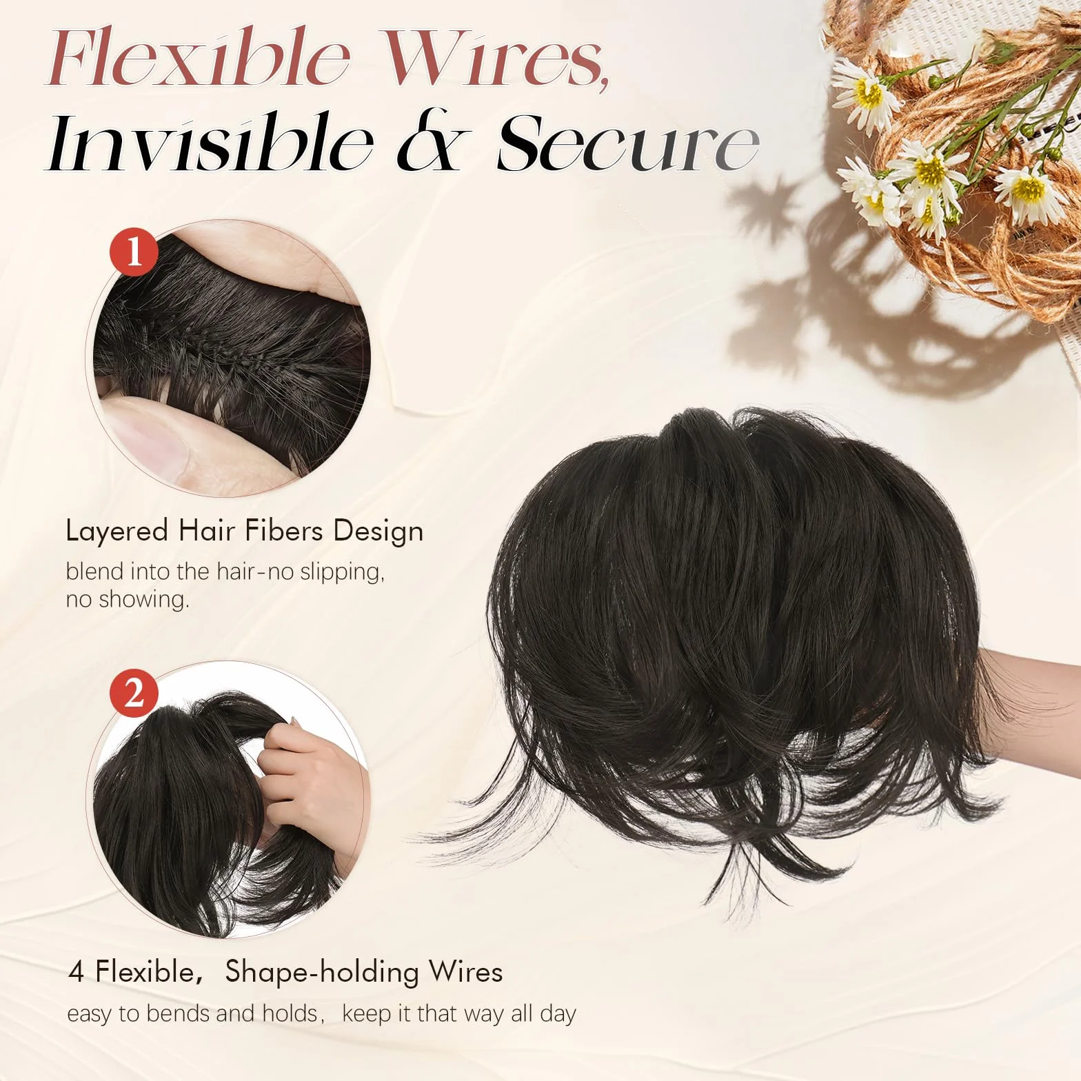 Postiza con Pinza Natural, Peluca Coleta Corta Liso con Alambre Flexible para Peinados DIY, Extensiones Sintéticas de Cola de Caballo para Mujeres, Negro Marrón