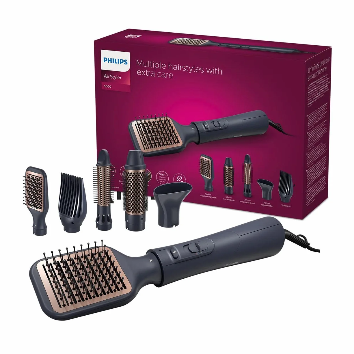 Philips Cepillo Moldeador Serie 5000 5 Accesorios Alisar Volumen Ondas Ionico BHA530/00 Negro
