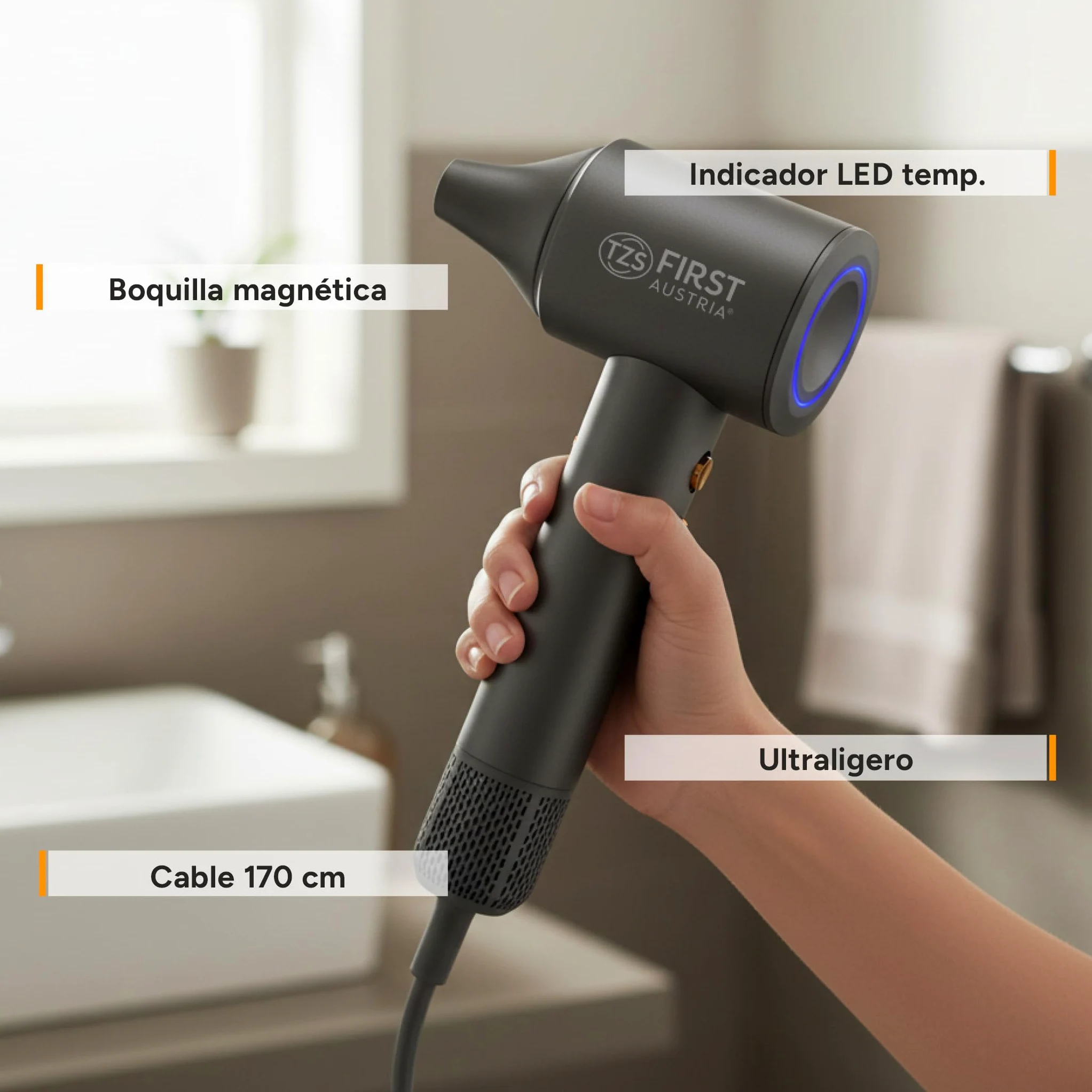 TZS First Austria - Secador de Pelo Iónico Duo Sensor - 1100W - 110.000 RPM - Tecnología de Plasma - Motor Brushless - 5 Modos - Boquilla Magnética - Ligero y Compacto