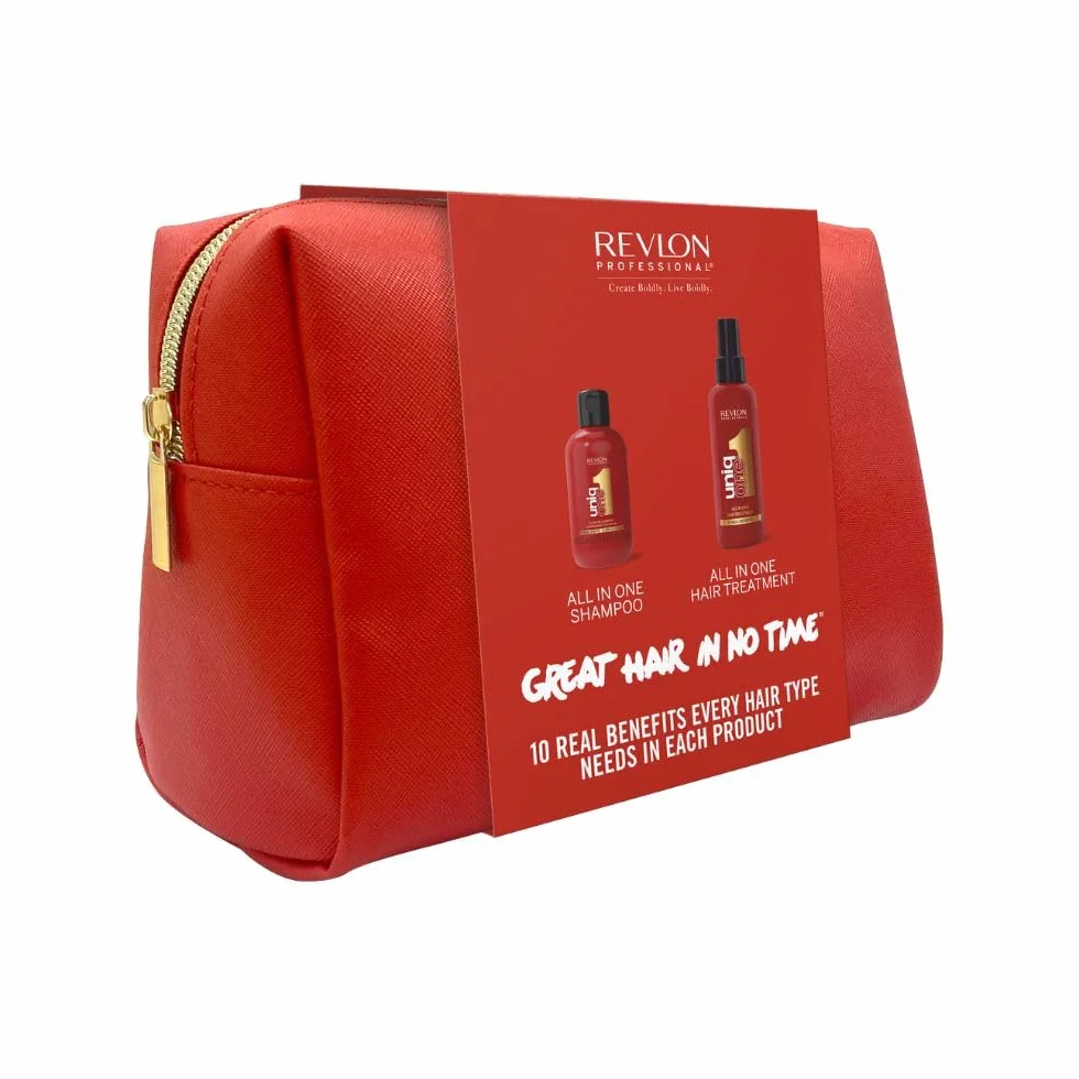 Revlon Professional UniqOne Set de Cuidado con Neceser Tratamiento Capilar Sin Aclarado Anti Frizz Protección Térmica 150 ml Champú 100 ml