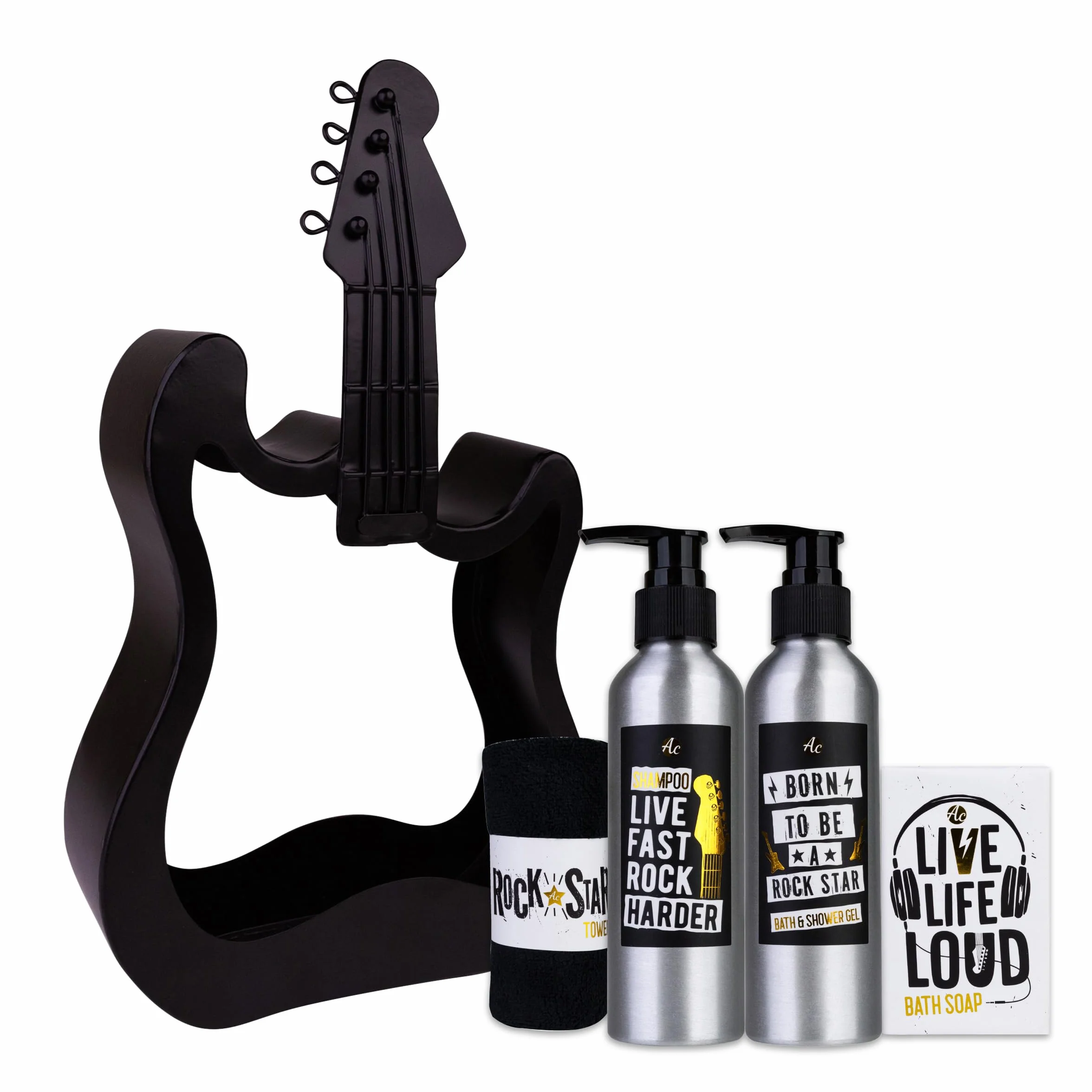 Set de regalo Accentra ROCKSTAR cuidado personal guitarra metálica negra gel ducha champú jabón toalla