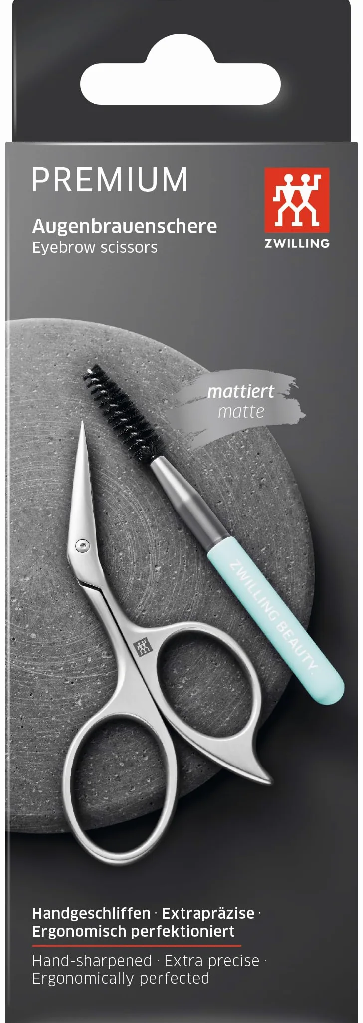 ZWILLING Tijeras para cejas (con diseño de tijera en ángulo y cuchillas ultrafinas con cepillo para cejas), premium, plata | Tijeras ergonómicas de acero inoxidable con cuchillas muy finas para el corte preciso de los pelos de las cejas