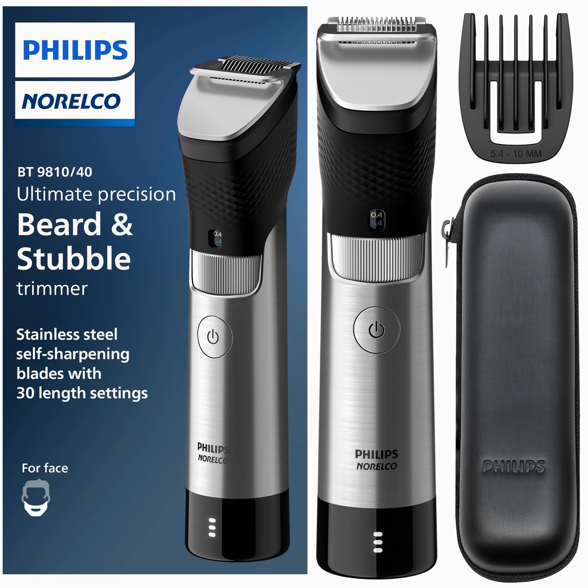 Norelco Philips Series 9000, recortadora de barba y pelo de máxima precisión con tecnología Beard Sense para un corte uniforme, BT9810/40