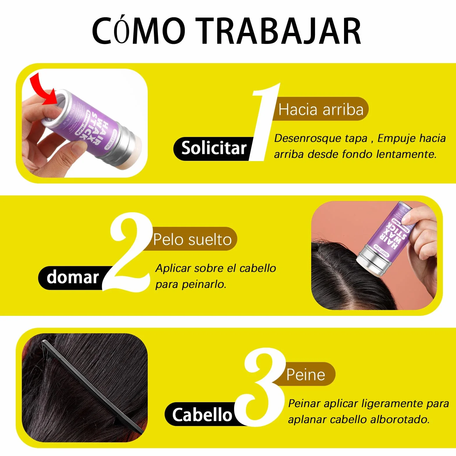 SWEET VIEW Cera para el cabello en barra y cepillo para alisar cabellos rebeldes, accesorio para mujeres, niñas y niños
