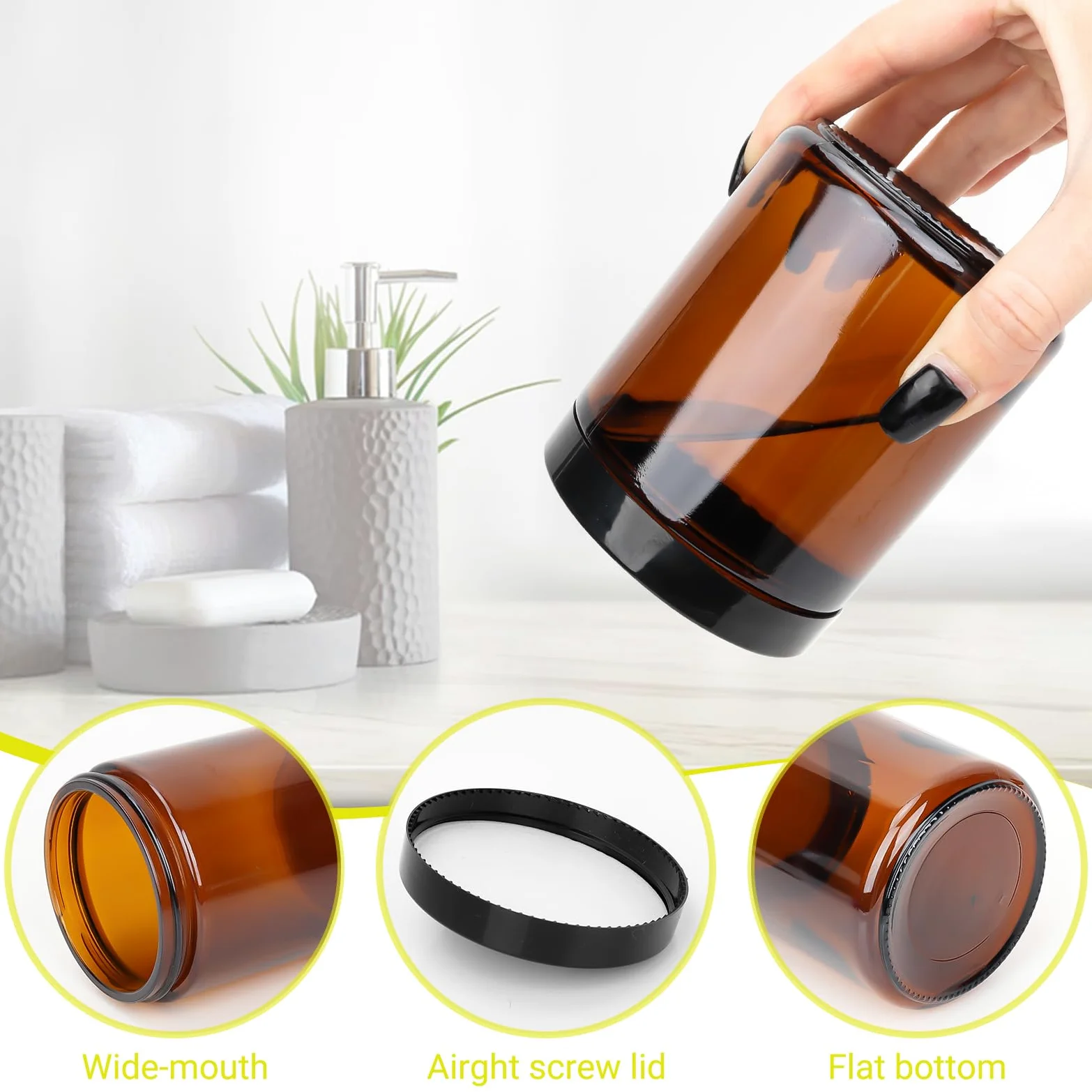 Tarros de vidrio ámbar de 8 onzas, paquete de 16 recipientes vacíos para cosméticos con forro interior y tapas negras, tarros redondos recargables para crema, pomadas, sales de baño, maquillaje, limo