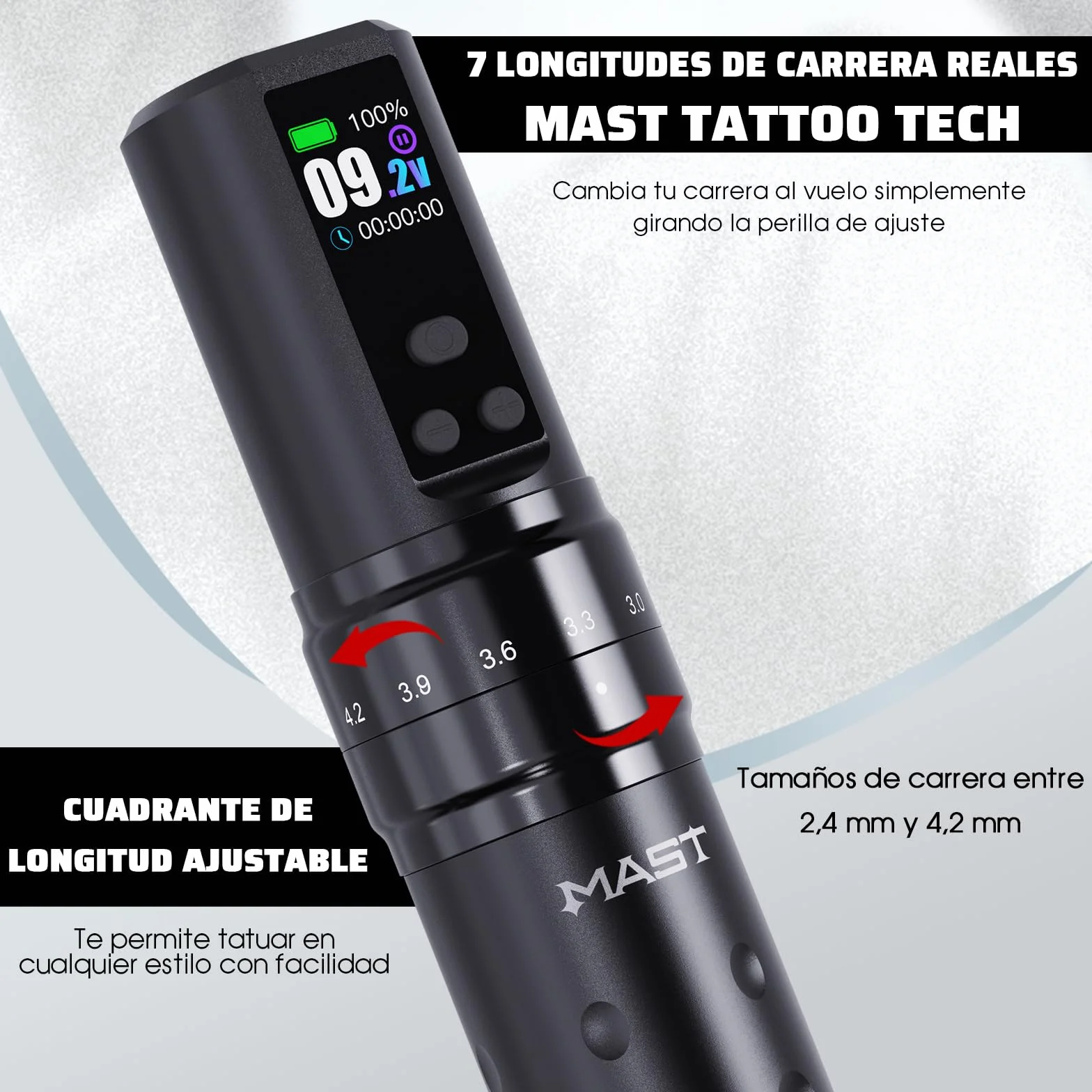 Mast Fold2 Pro Máquina de tatuaje inalámbrica pluma Máquina de tatuaje rotativa Pistola de tatuaje 7 golpes Longitud 2pcs Batería 2000mAh Motor poderoso por Mcore Pantalla de pantalla inteligente Rosa