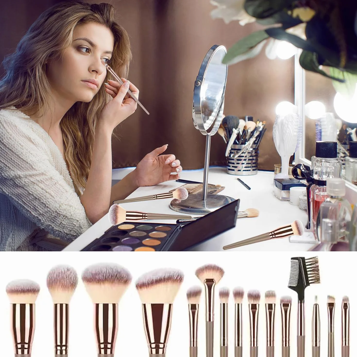 Juego de Brochas de Maquillaje Profesional 15 Piezas, Pinceles Sintéticos para Base, Ojos y Polvo con Bolsa