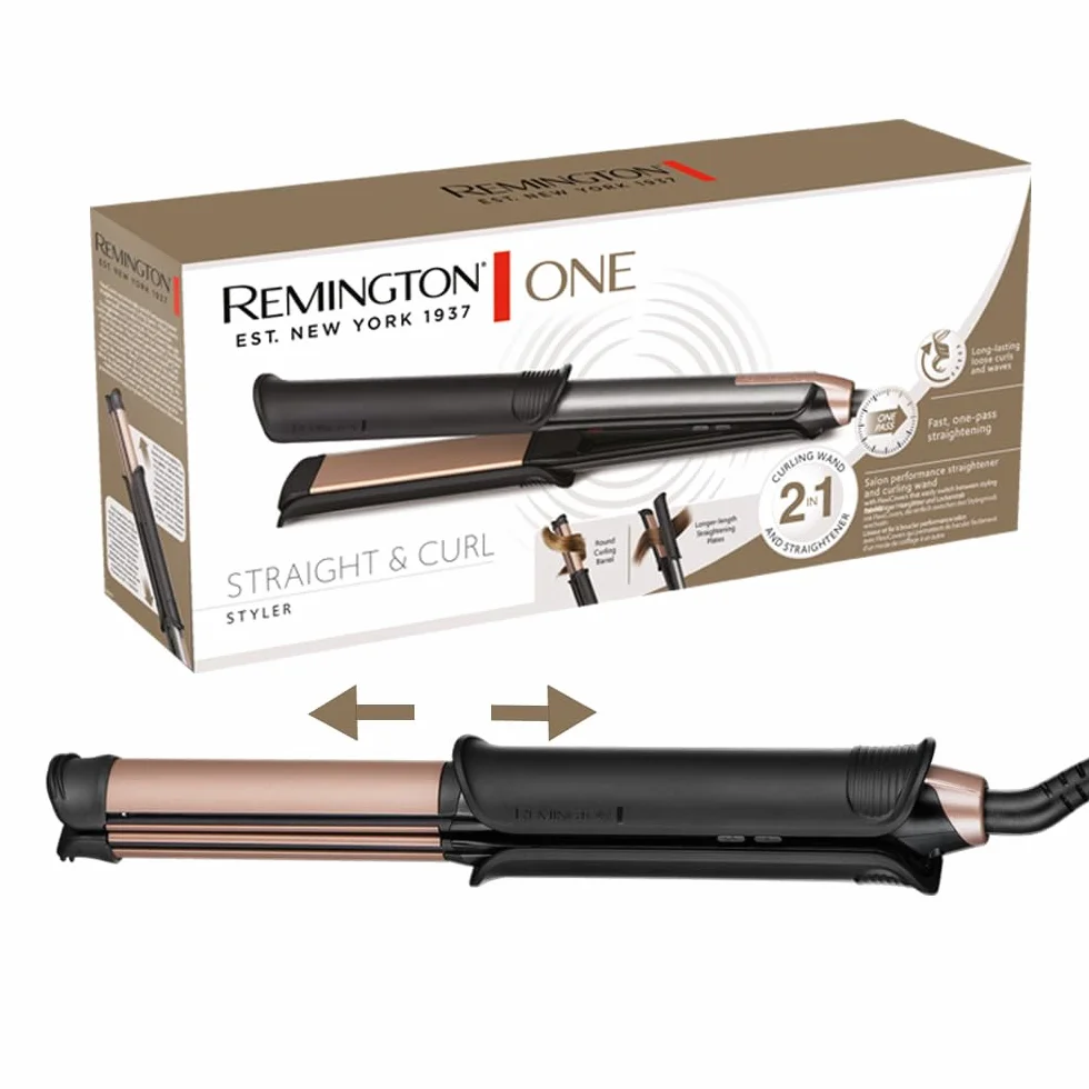 Remington Plancha de pelo y rizador Profesional ONE, 2 en 1, Cerámica y Turmalina Antiestática, placa alisadora de 110 mm, barril rizador de 32 mm, digital, hasta 230ºC, S6077