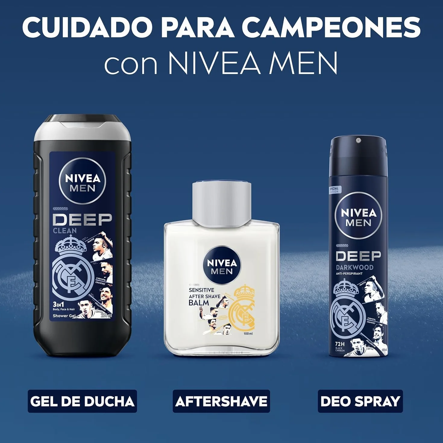 NIVEA MEN Pack Real Madrid Edición Limitada - Sensitive Aftershave 100 ml, Desodorante Spray Deep 150 ml, Gel de Ducha Deep 250 ml, NIVEA Creme 150 ml