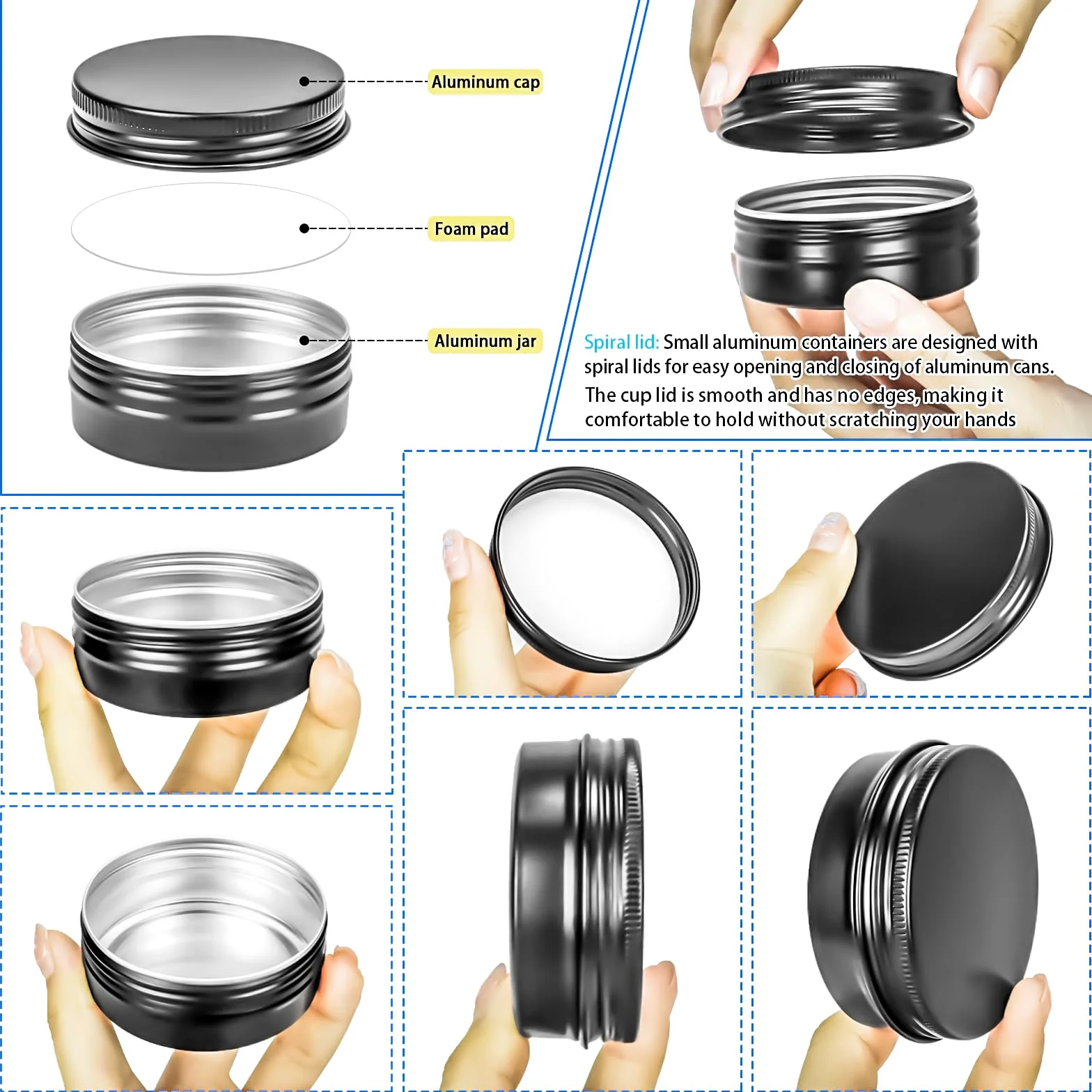 Paquete de 16 tarros de aluminio recargables de 2 onzas, recipientes redondos de aluminio con tapa para bálsamo labial, velas de crema de bálsamo labial, 60 ml, color negro
