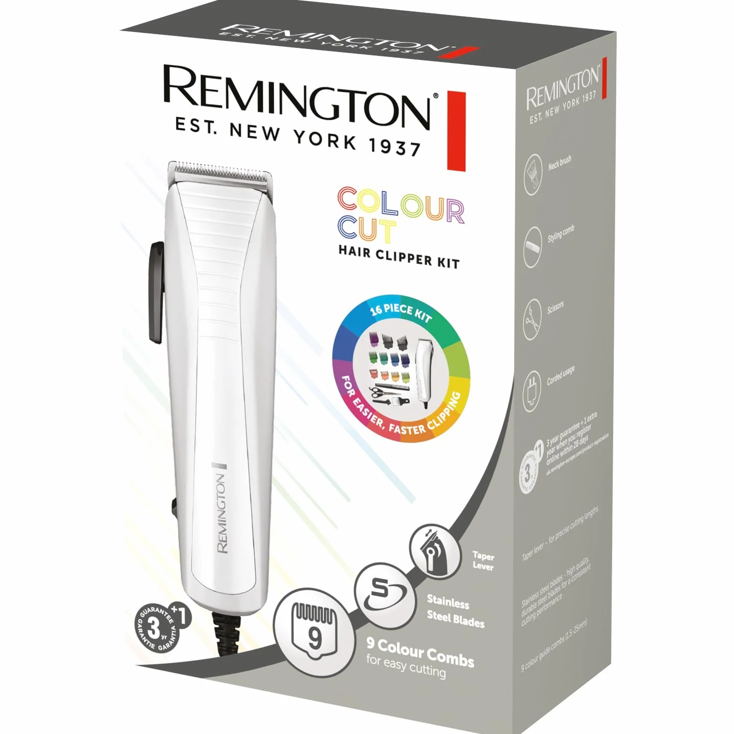 Remington HC5035 Máquina de Cortar Pelo ColourCut Cortapelos con Cable Cuchillas Acero Inoxidable 9 Peines