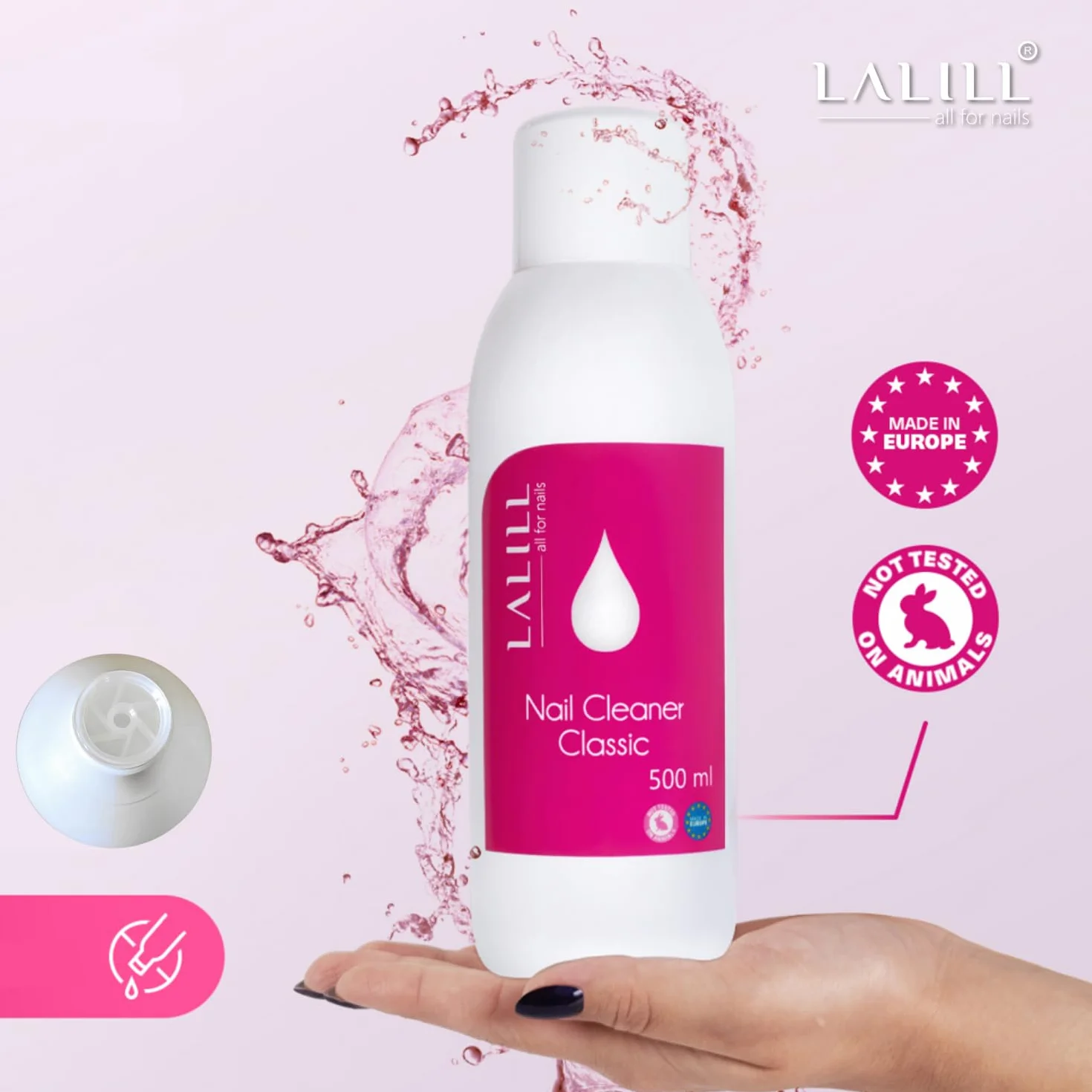 LALILL Cleaner de Uñas 500ml con Dosificador y 500 Almohadillas - Limpiador para Uñas de Gel y Semipermanente - Botella con Bomba 200ml - Algodón sin Pelusa
