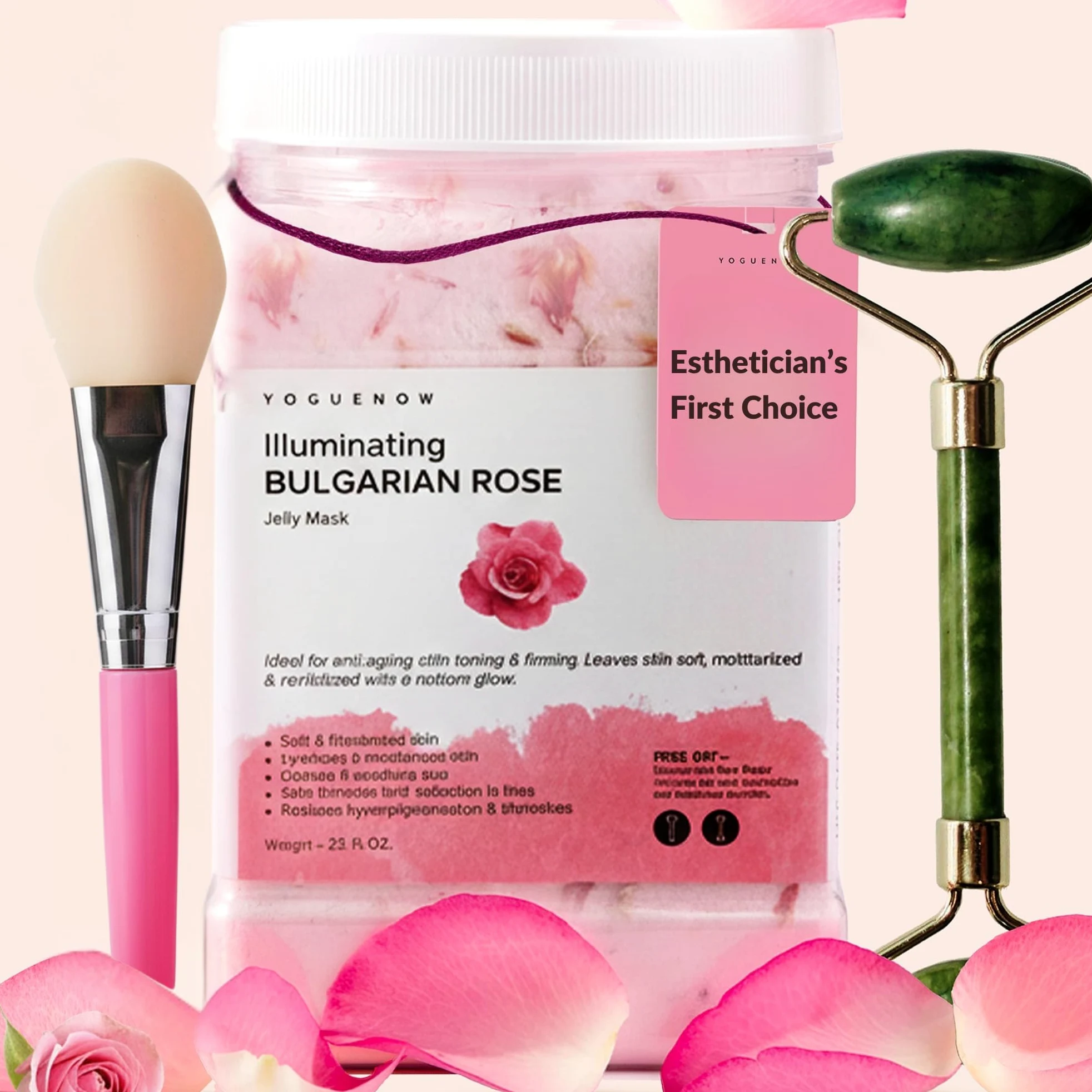 VogueNow Mascarilla facial de gelatina para tratamientos faciales - Mascarilla de gelatina hidratante, iluminadora y nutritiva de rosa búlgara con rodillo de jade y espátula gratis (Juego de 3 piezas)