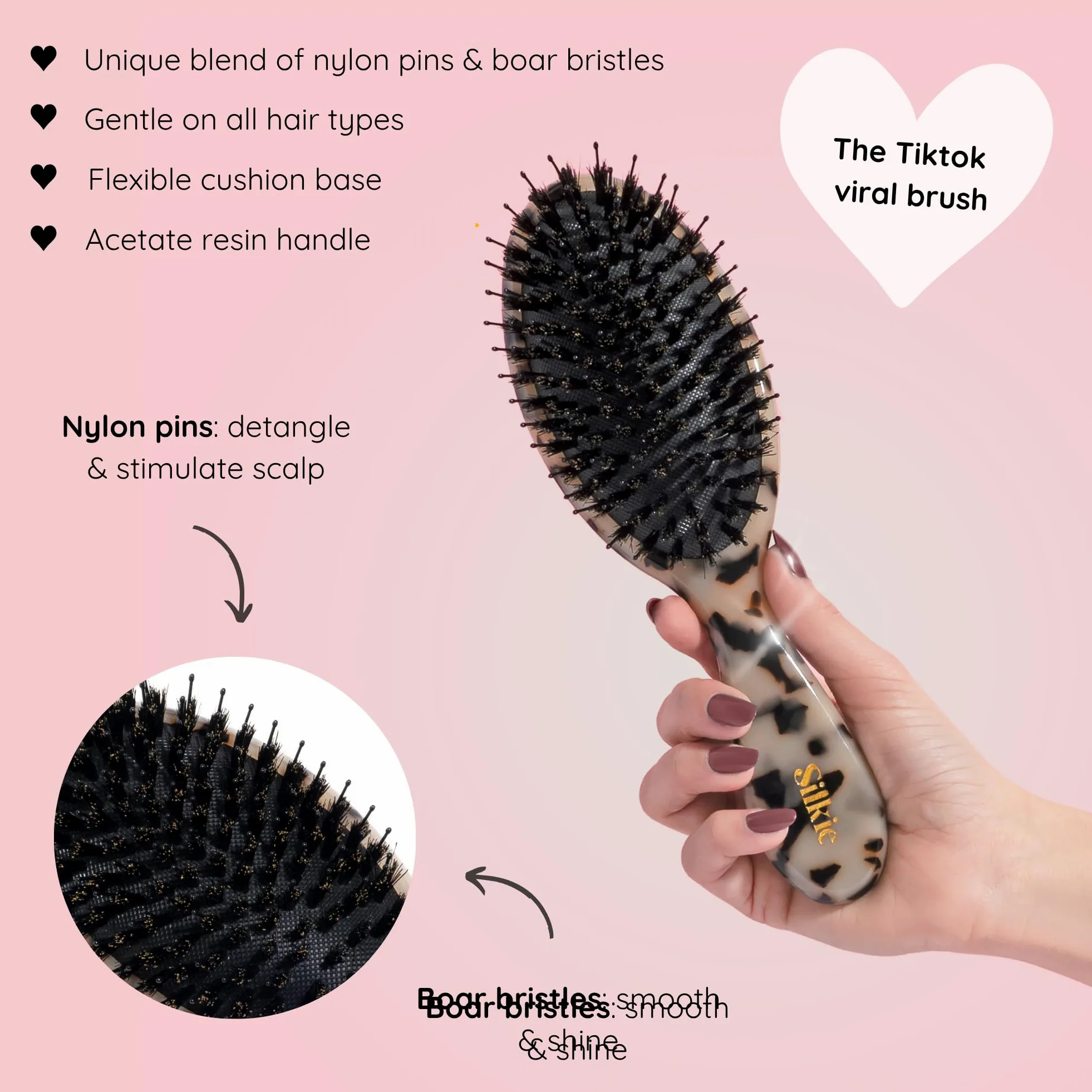 Silkie Ultimate Smoothing - Cepillo de acetato con cerdas de jabalí para desenredar, alisar y pulir contra el encrespamiento para extensiones y pelucas de pelo fino, rizado, liso y grueso