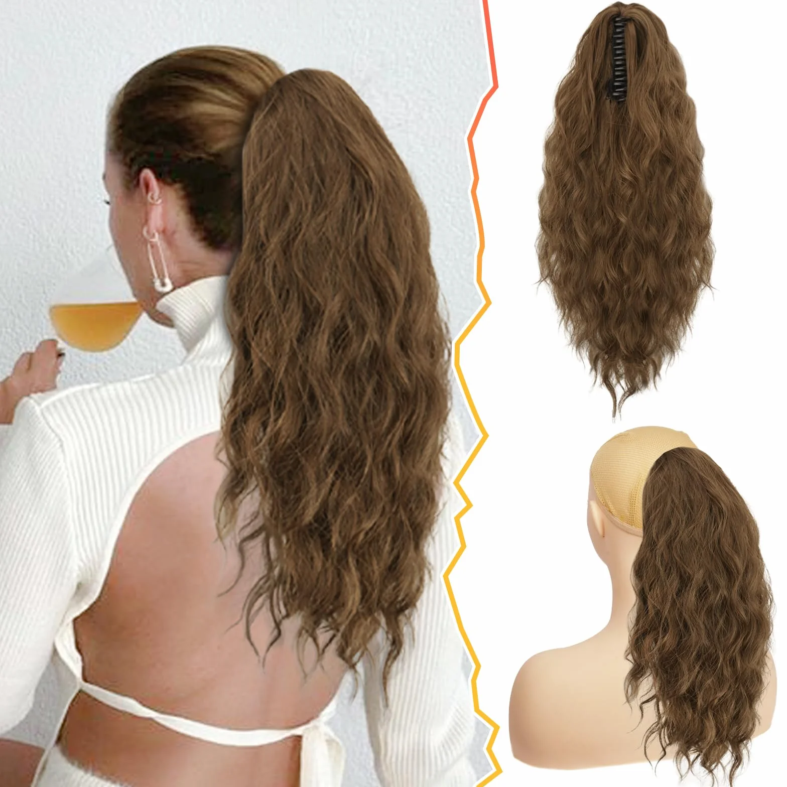 BARSDAR Extensión de Cabello Cola de Caballo 45CM Garra Clip Ondulado Sintética Marrón Castaña Chocolate para Mujeres