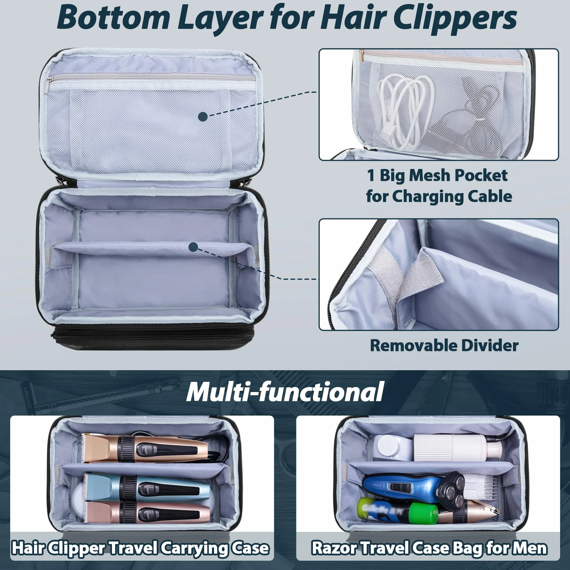 CURMIO Maletín Profesional 2 Niveles para Cortapelos, Organizador Portátil Compatible con Hatteker/Wahl/Oster/Andis Máquinas y Accesorios Barbería, Solo Bolsa, Negro