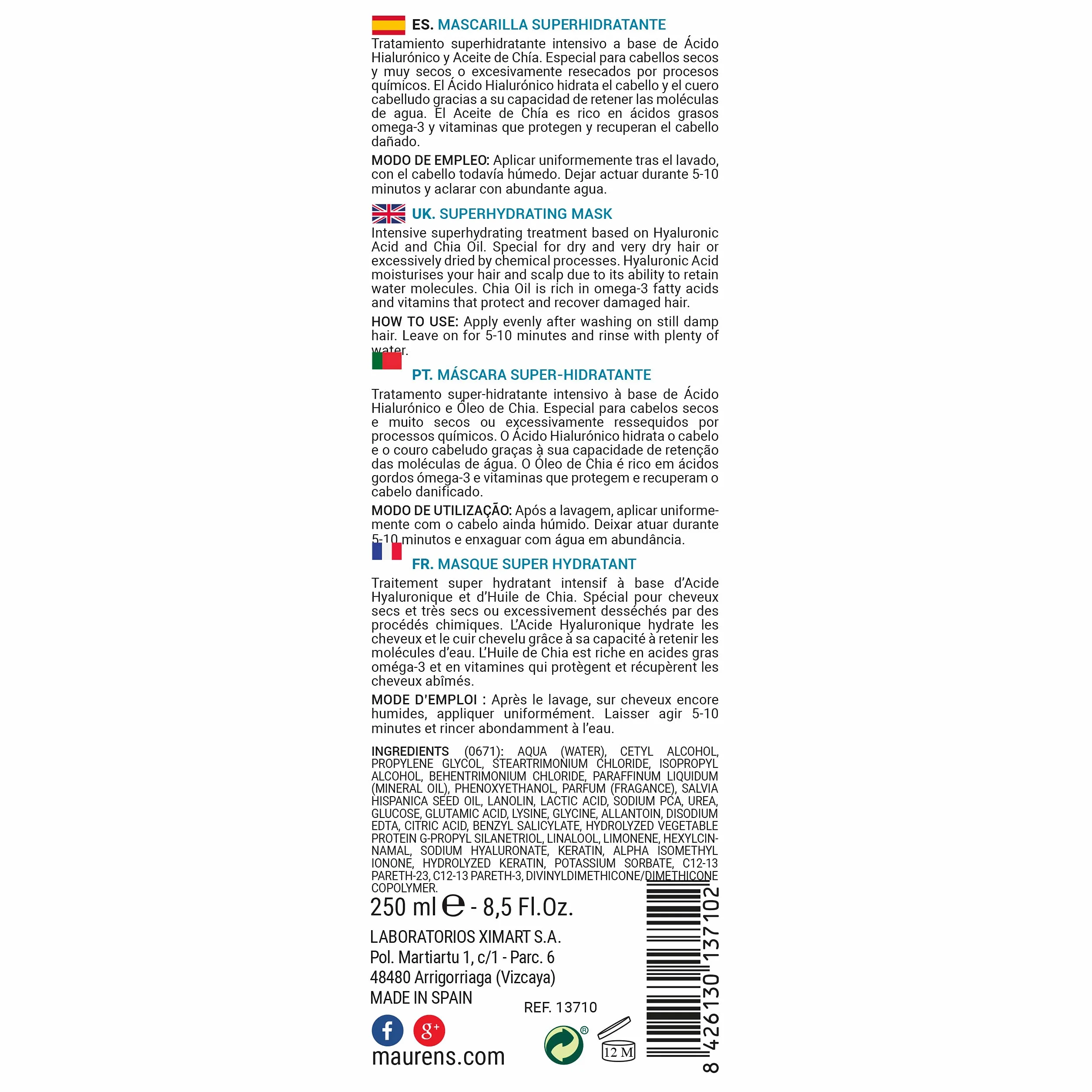Maurens Mascarilla Capilar Superhidratante Hyaluronic Pro con Ácido Hialurónico y Aceite de Chia 250 ml