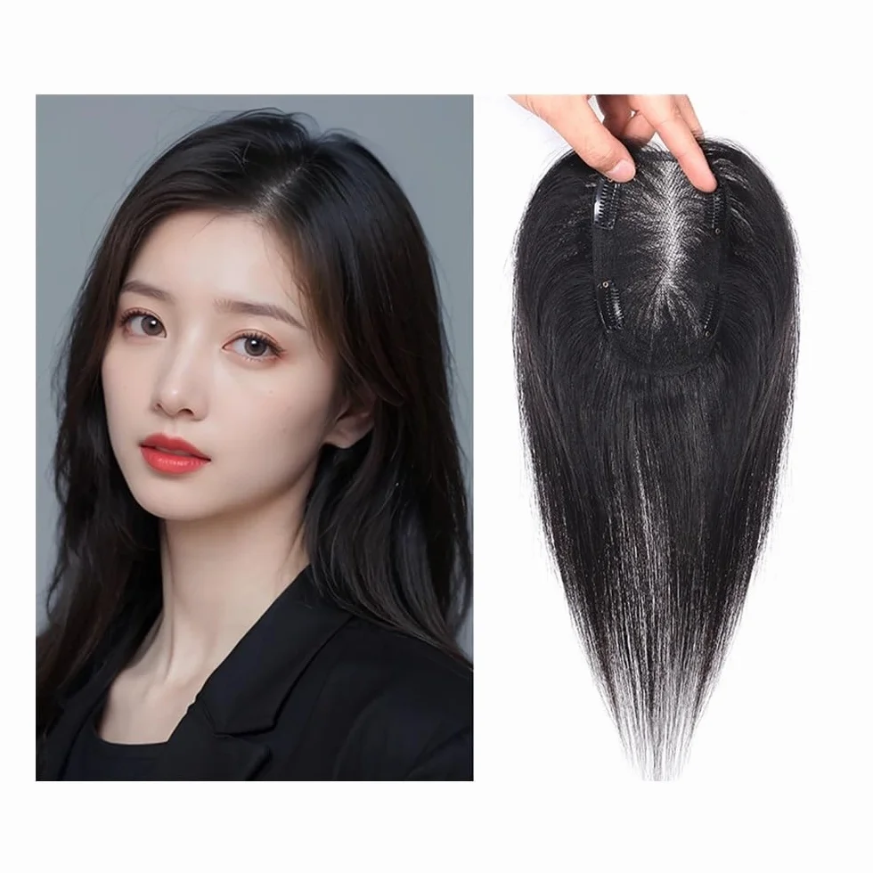 Topper para cabello humano para mujer, base de encaje suizo 9 × 14 cm, clip para cabello liso Remy extensiones de cabello (negro natural, 12 pulgadas)